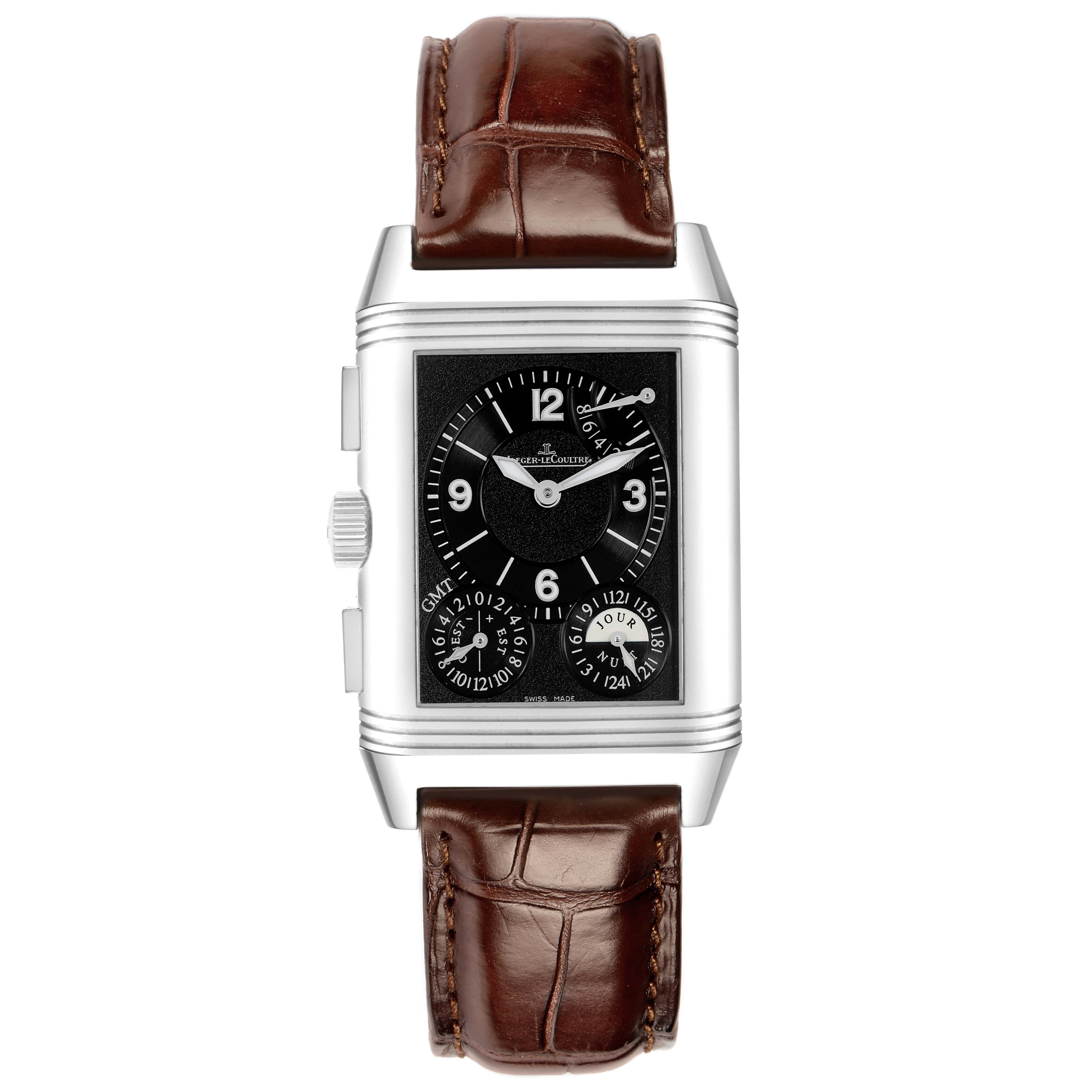 The Jaeger-LeCoultre Reverso watch is shown from a front angle, highlighting the dial, case, crown, and brown leather strap.