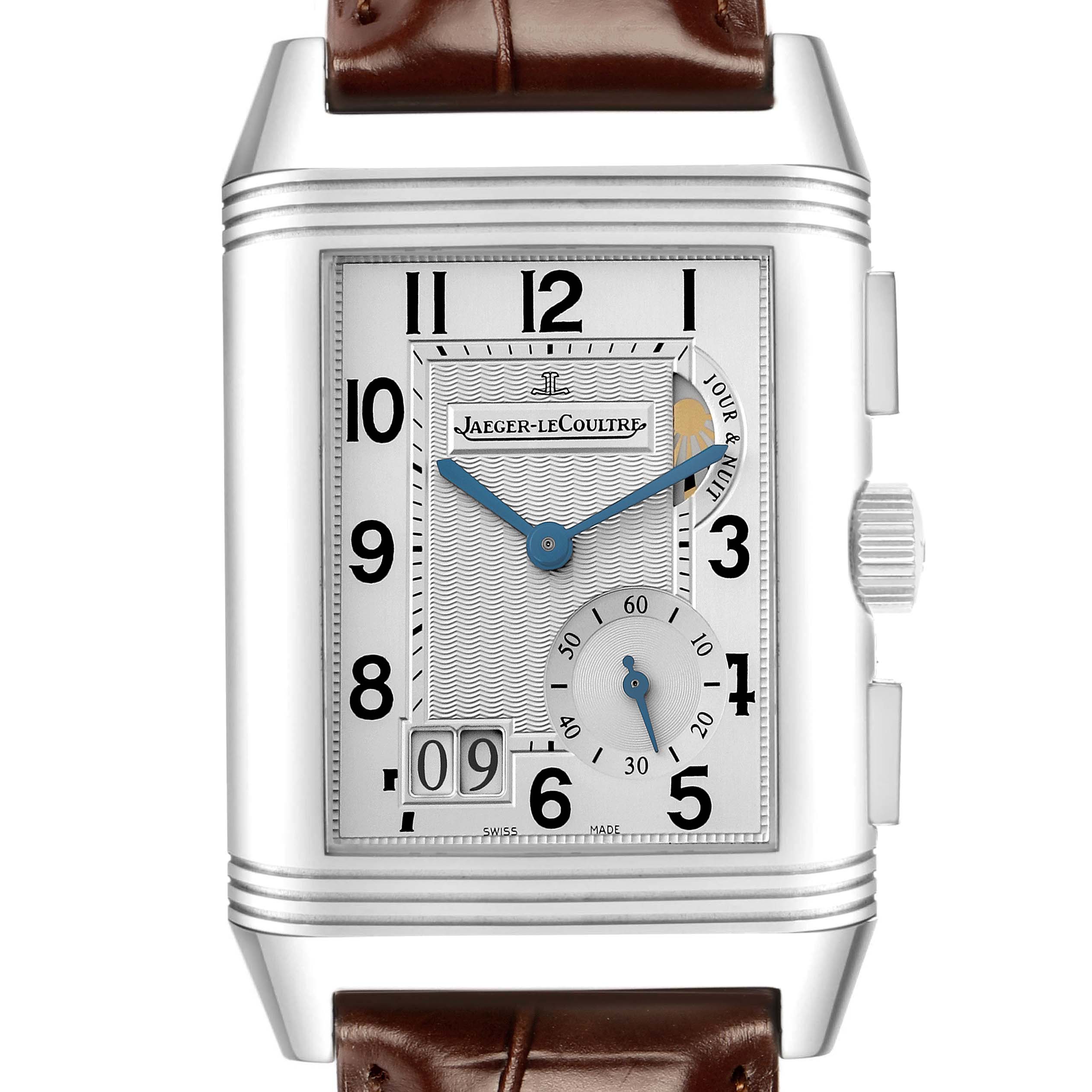 The Jaeger-LeCoultre Reverso watch is shown from the front, featuring the dial, hands, sub-dials, and crown.