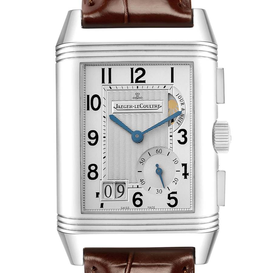 The Jaeger-LeCoultre Reverso watch is shown from the front, featuring the dial, hands, sub-dials, and crown.