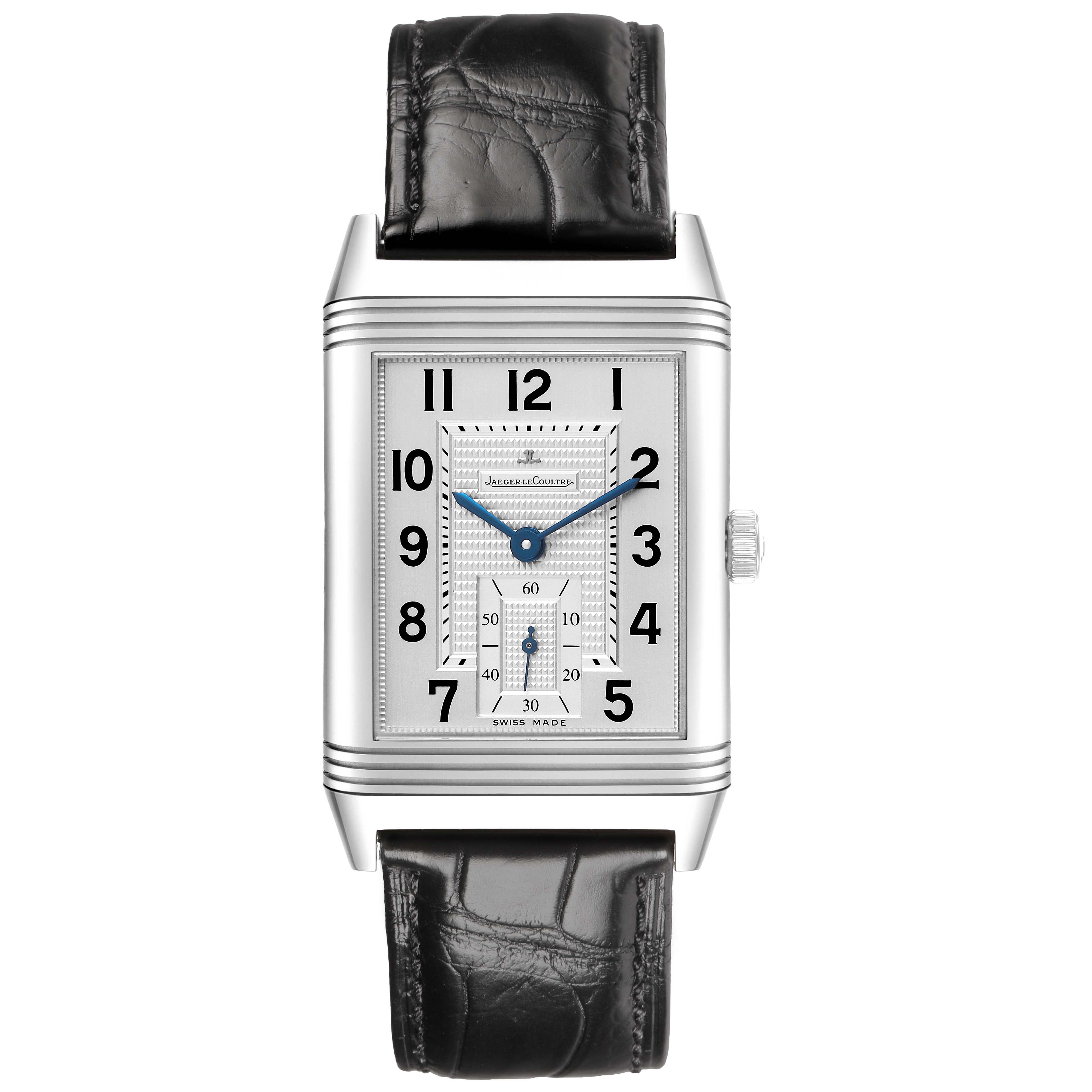 The Jaeger LeCoultre Reverso Q3738420 Men's Stainless Steel Silver Dial watch is shown from the front, displaying the face, hands, crown, and leather strap.