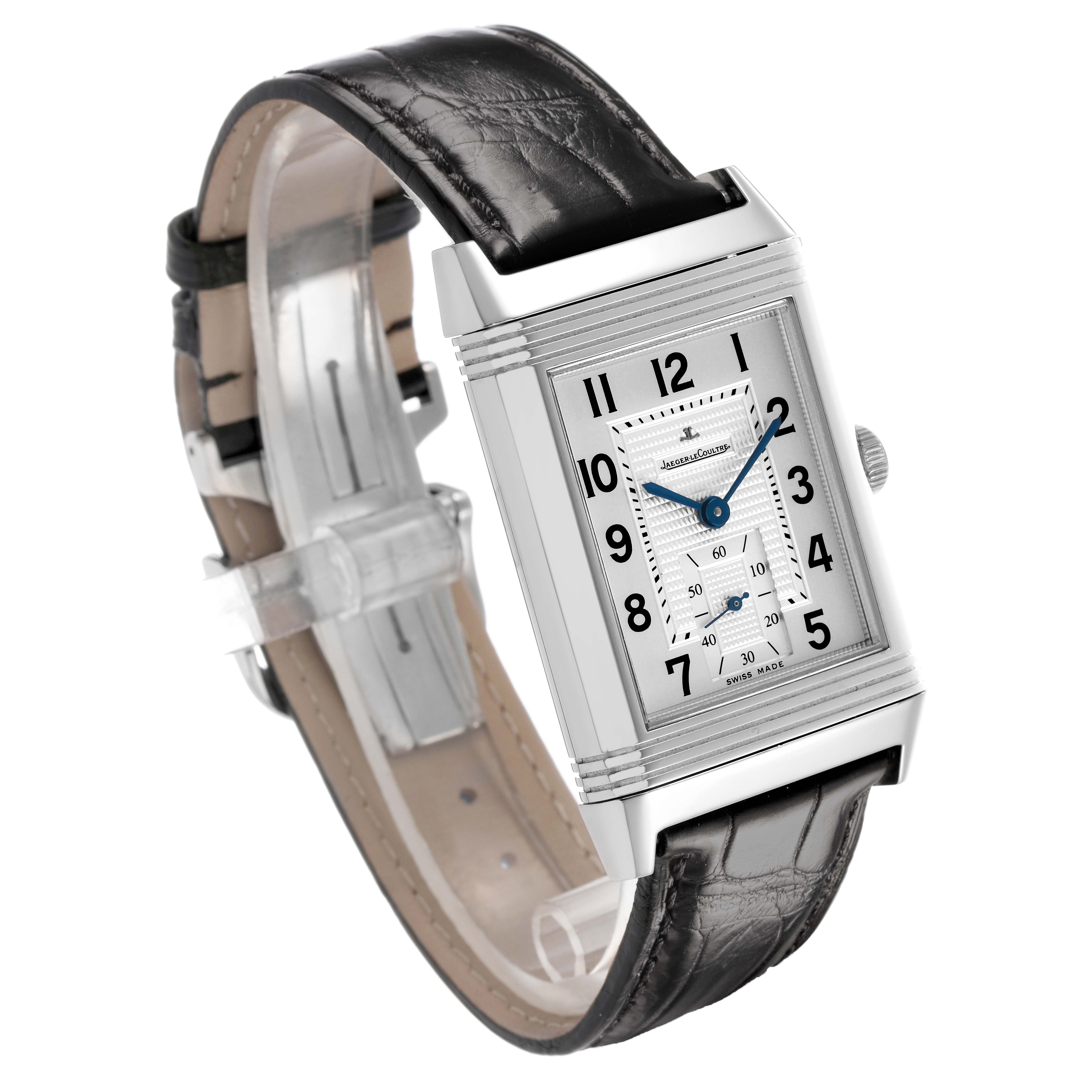 The Jaeger LeCoultre Reverso Q3738420 Men's Stainless Steel Silver Dial watch is shown at a three-quarter angle, highlighting its dial, case, crown, and leather strap.