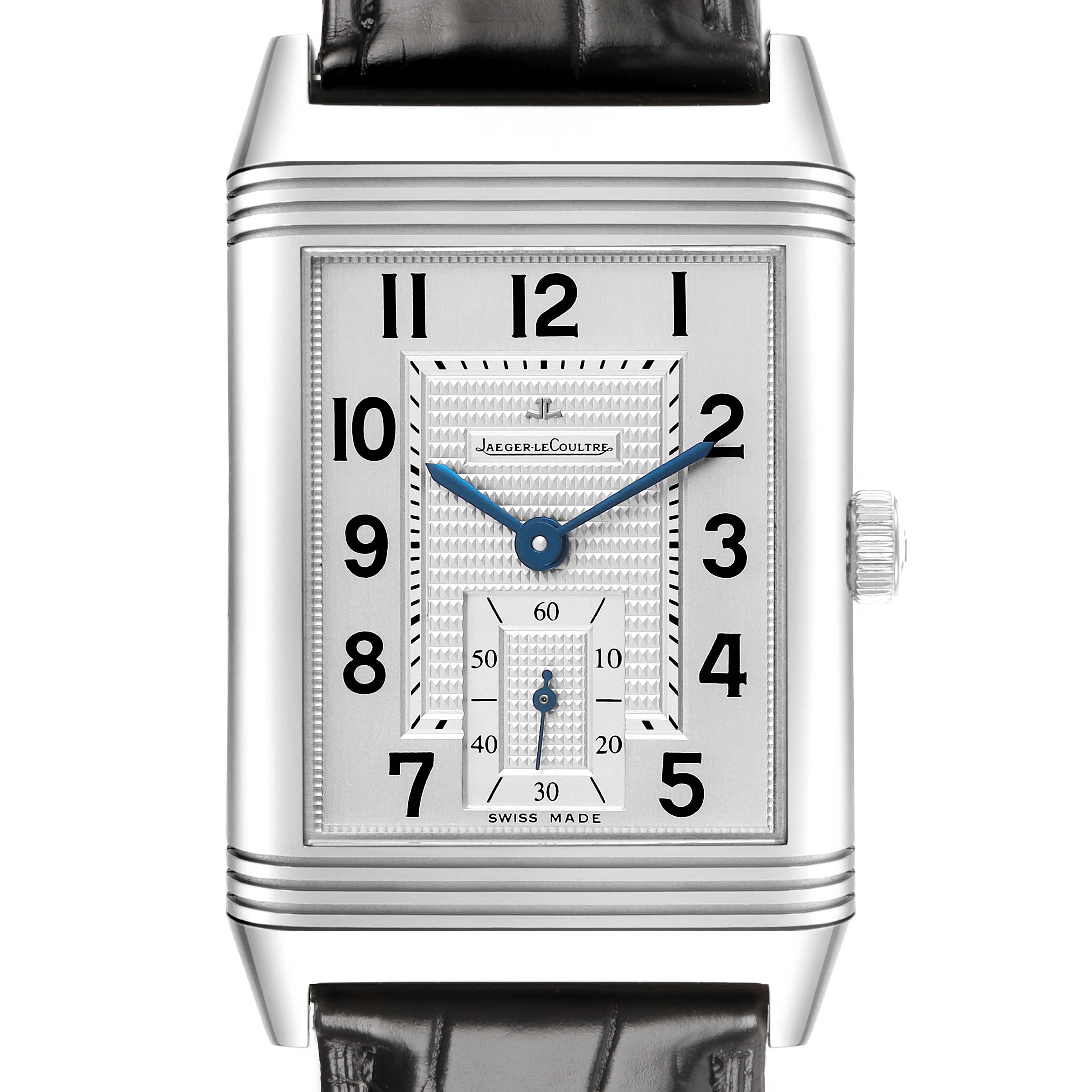 The Jaeger LeCoultre Reverso Q3738420 Men's Stainless Steel Silver Dial watch is shown from the front, featuring its dial, crown, and leather strap.