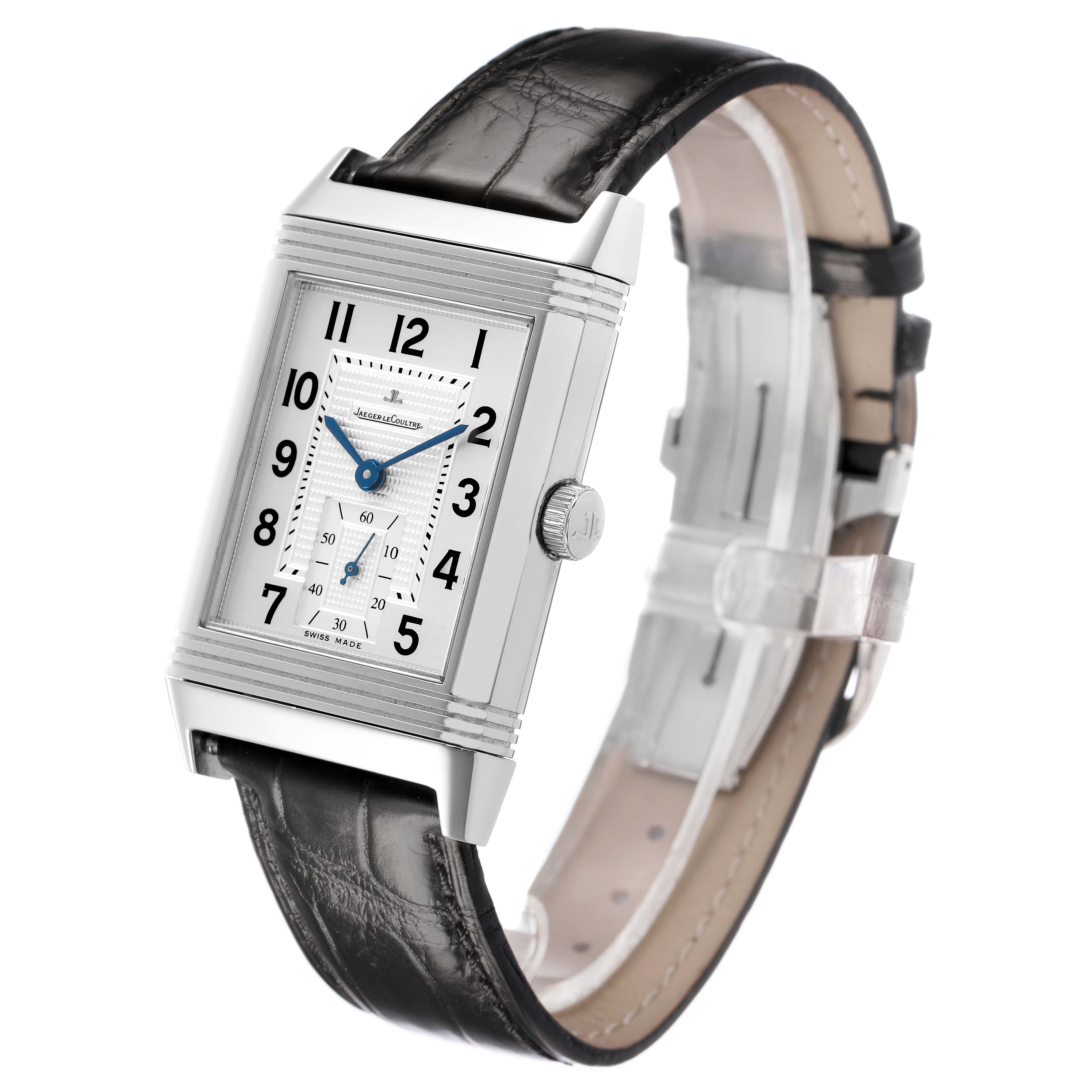 The Jaeger LeCoultre Reverso Q3738420 Men's Stainless Steel Silver Dial watch is shown at a slight angle, displaying the face, case, crown, and strap clearly.