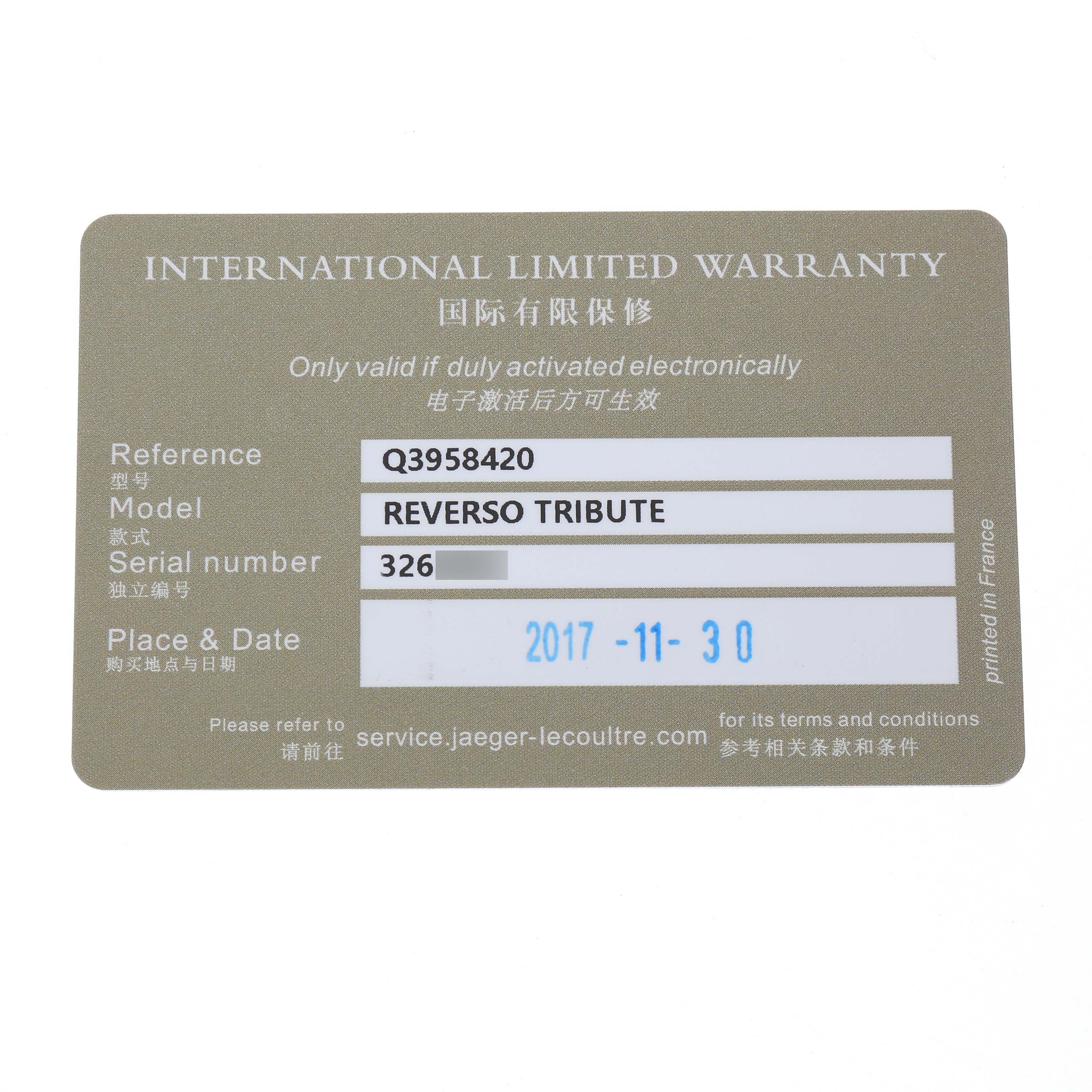 The image shows an International Limited Warranty card for the Jaeger-LeCoultre Reverso model.
