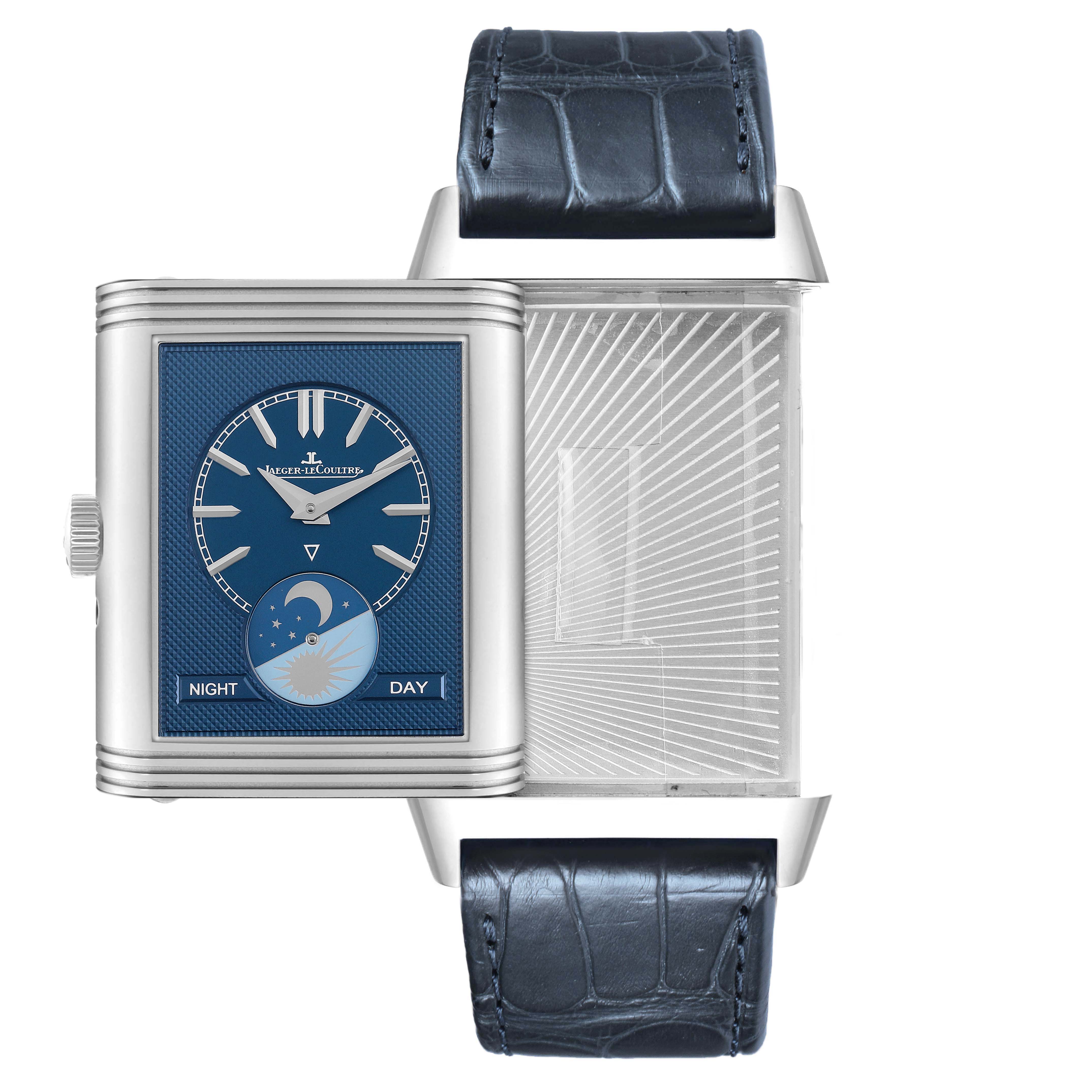 The Jaeger LeCoultre Reverso Q3958420 Men's Stainless Steel Silver Dial watch is shown from the side with front and reverse faces, displaying its iconic swiveling case.