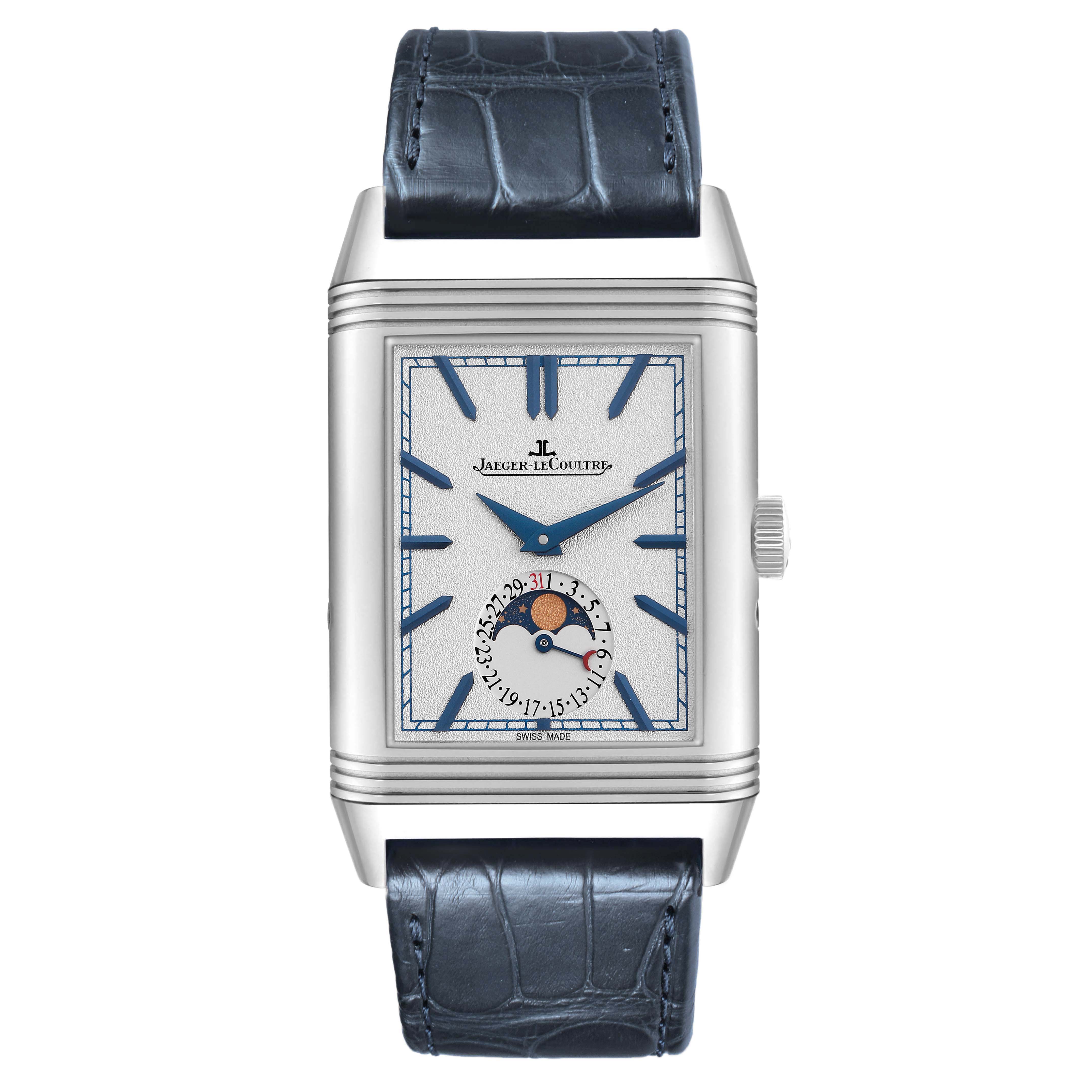 The Jaeger LeCoultre Reverso Q3958420 Men's Stainless Steel Silver Dial watch is shown from the front, displaying the dial, hands, moon phase, and blue leather strap.