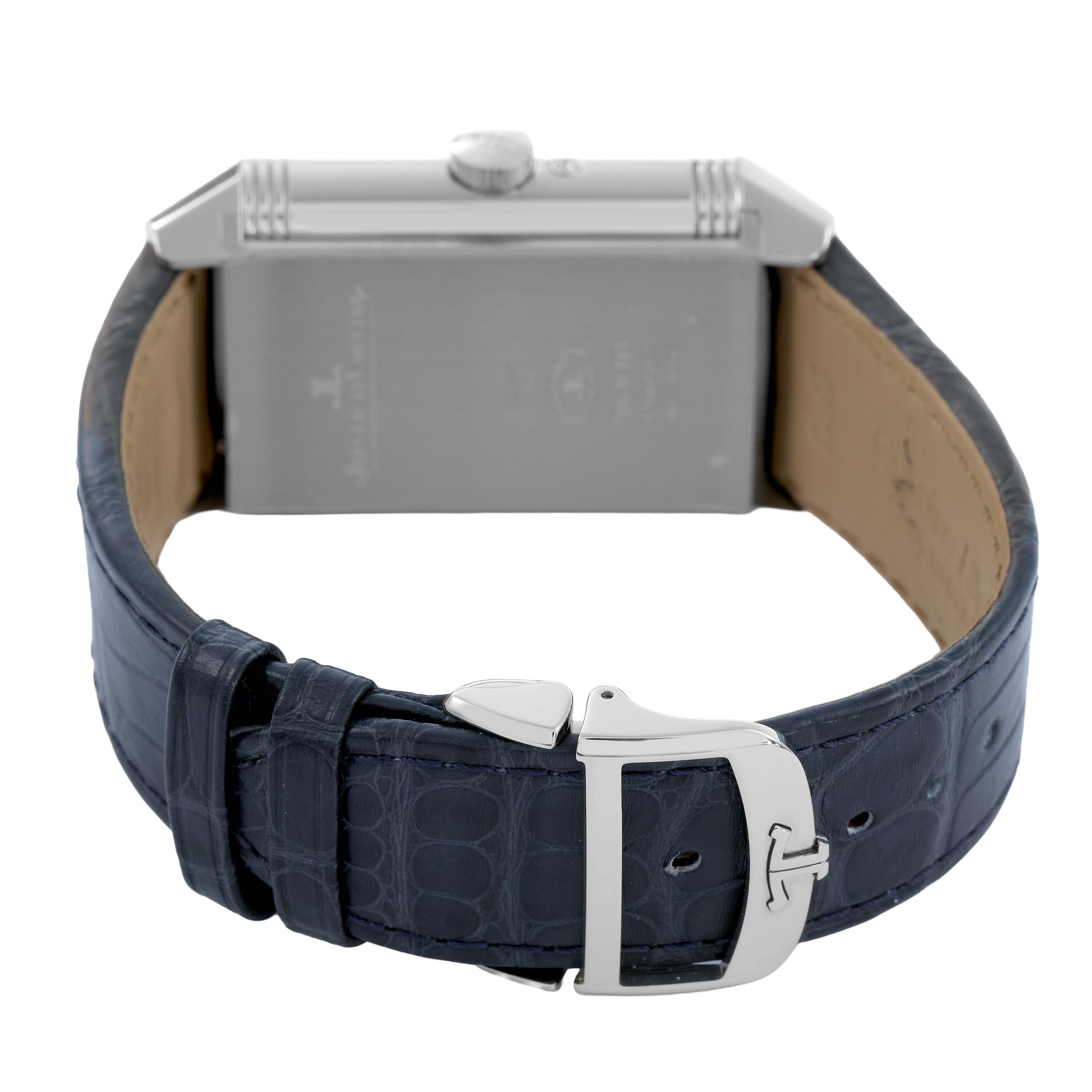 The image shows the back view of a Jaeger LeCoultre Reverso Q3958420 Men's Stainless Steel Silver Dial watch, highlighting its clasp and leather strap.