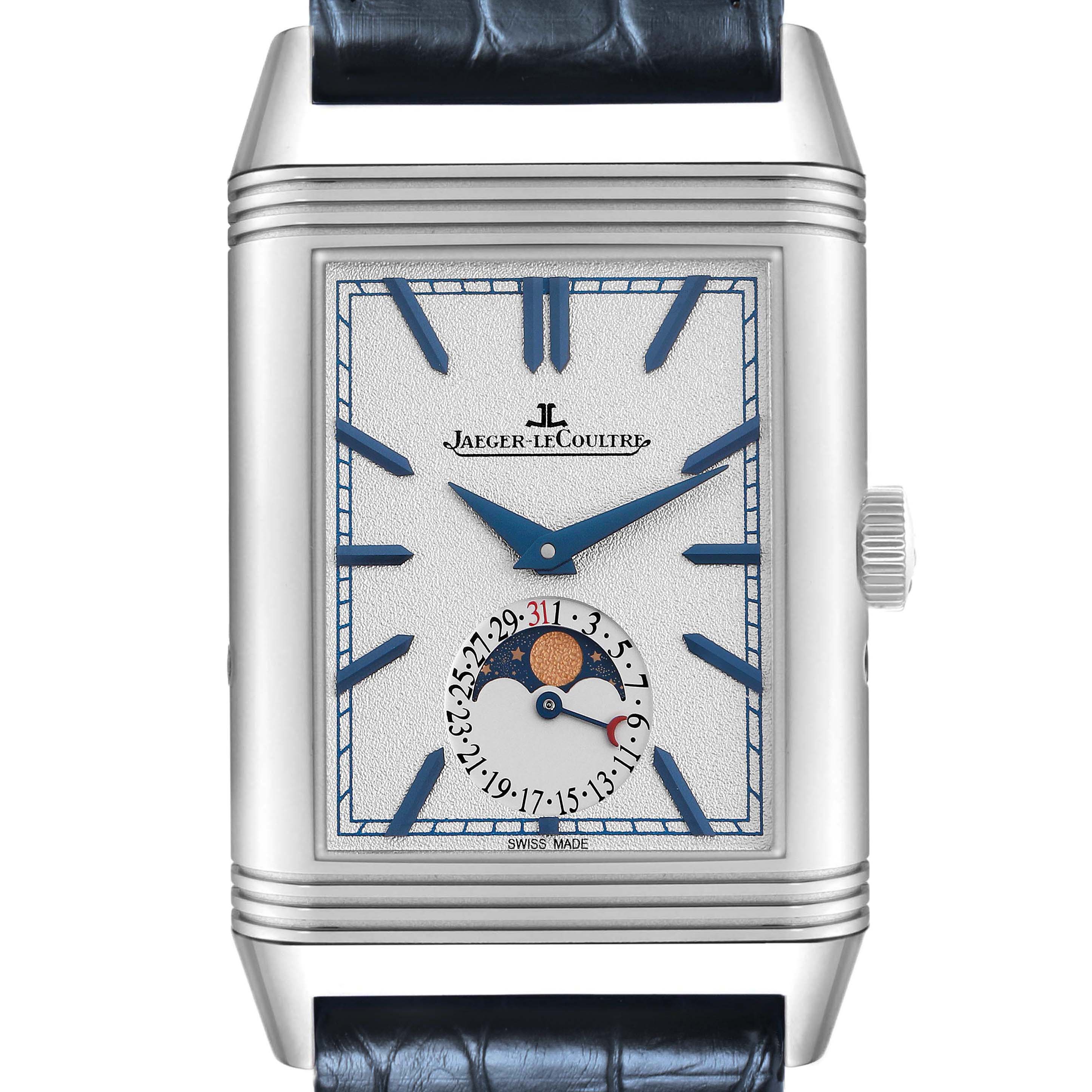 The image shows a front view of a Jaeger LeCoultre Reverso Q3958420 Men's Stainless Steel Silver Dial watch, highlighting the dial, hands, and moon phase display.