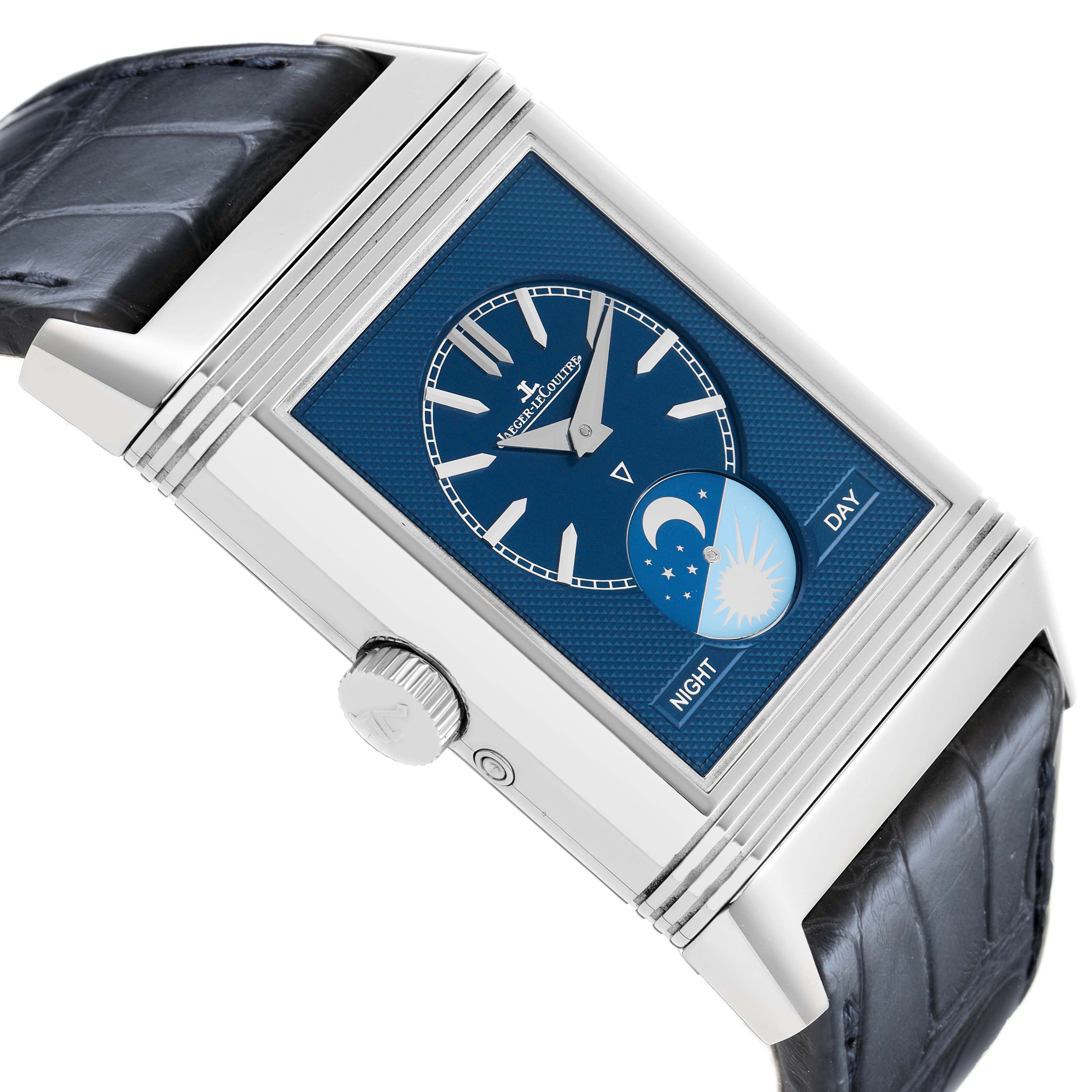 The Jaeger LeCoultre Reverso Q3958420 Men's Stainless Steel Silver Dial watch is shown at an angled side view, displaying the dial, case, and crown.