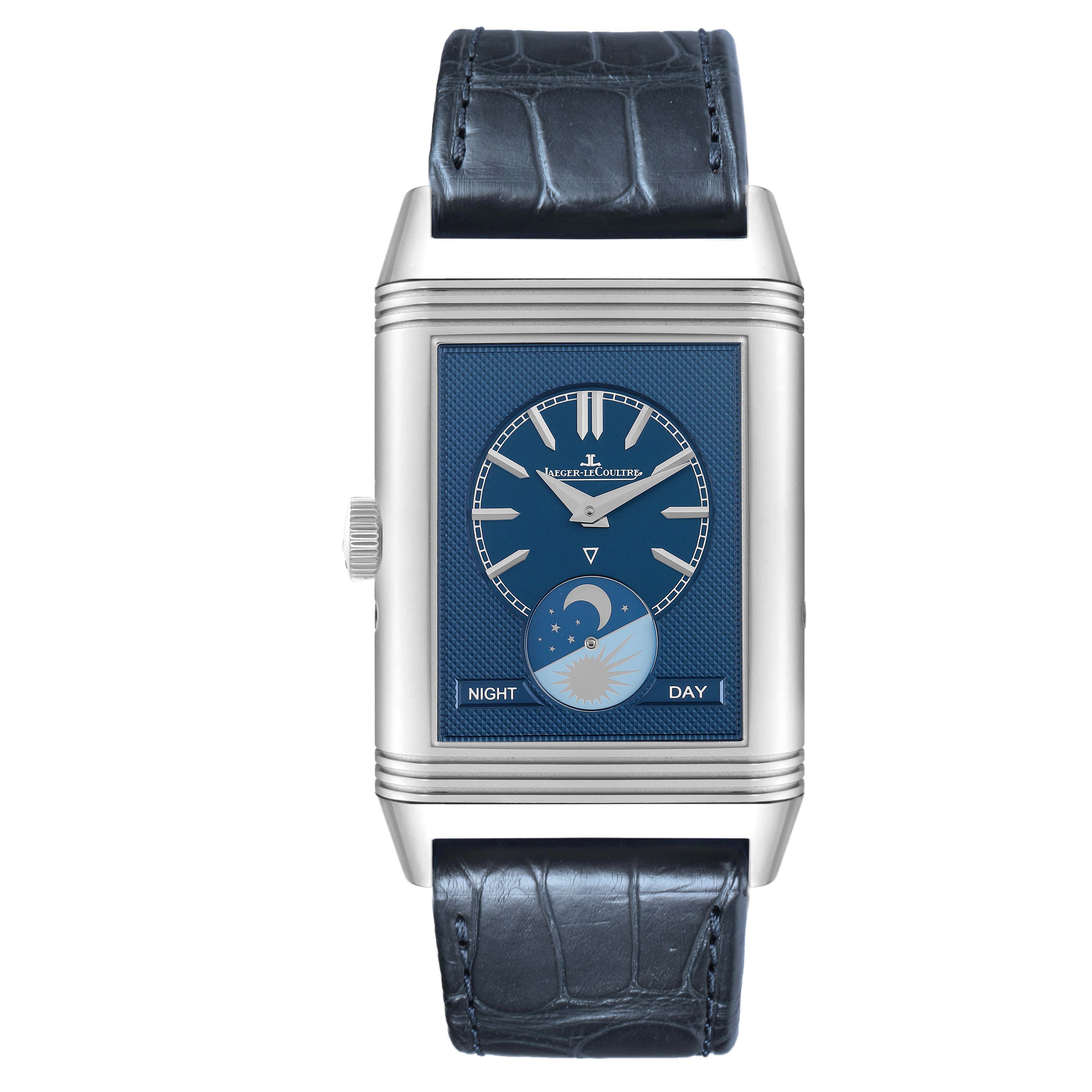 The Jaeger LeCoultre Reverso Q3958420 Men's Stainless Steel Silver Dial watch is shown from the front, displaying its blue dial with day/night indicator and alligator strap.