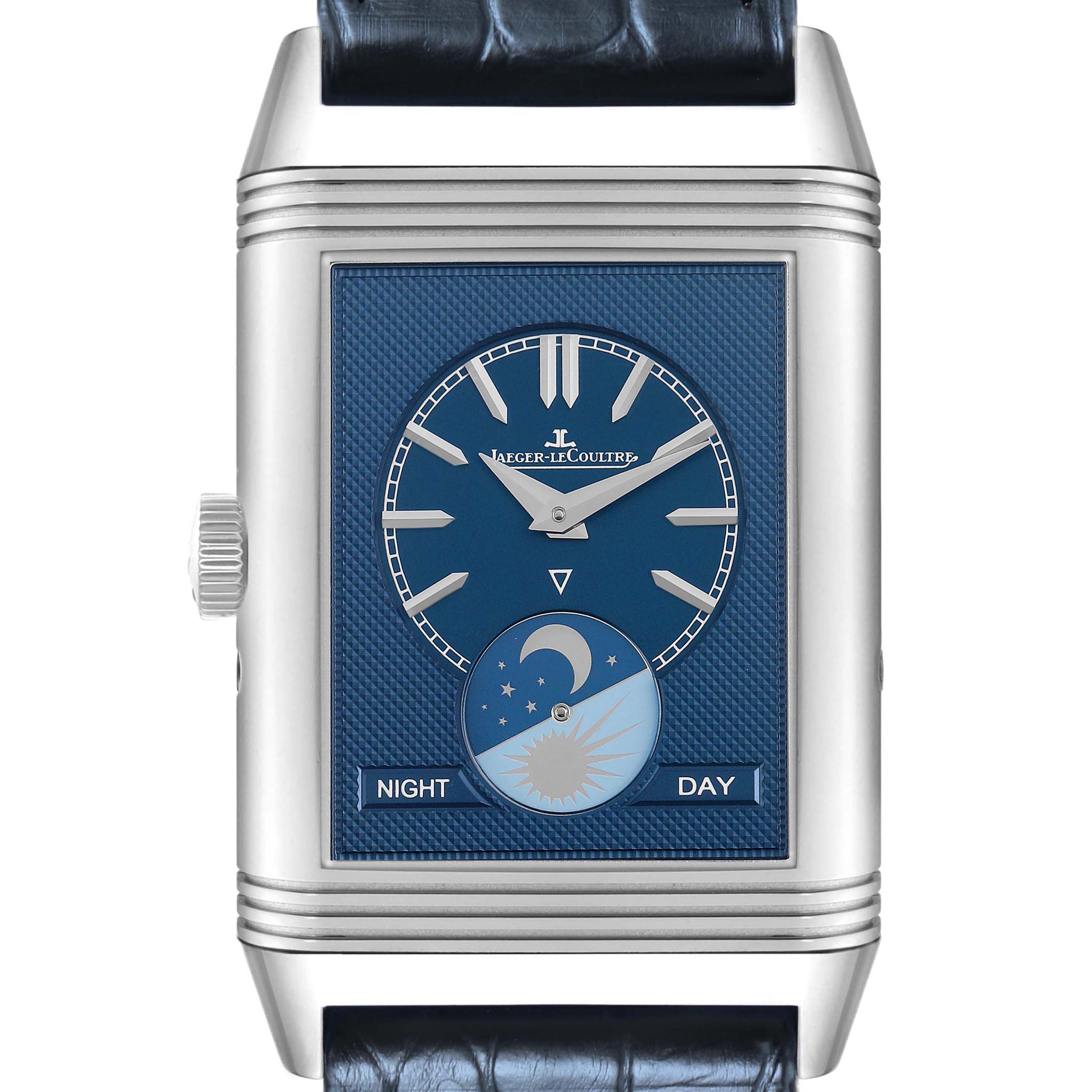 The Jaeger LeCoultre Reverso Q3958420 Men's Stainless Steel Silver Dial watch is shown from a straight-on angle, displaying the dial with a day-night indicator.