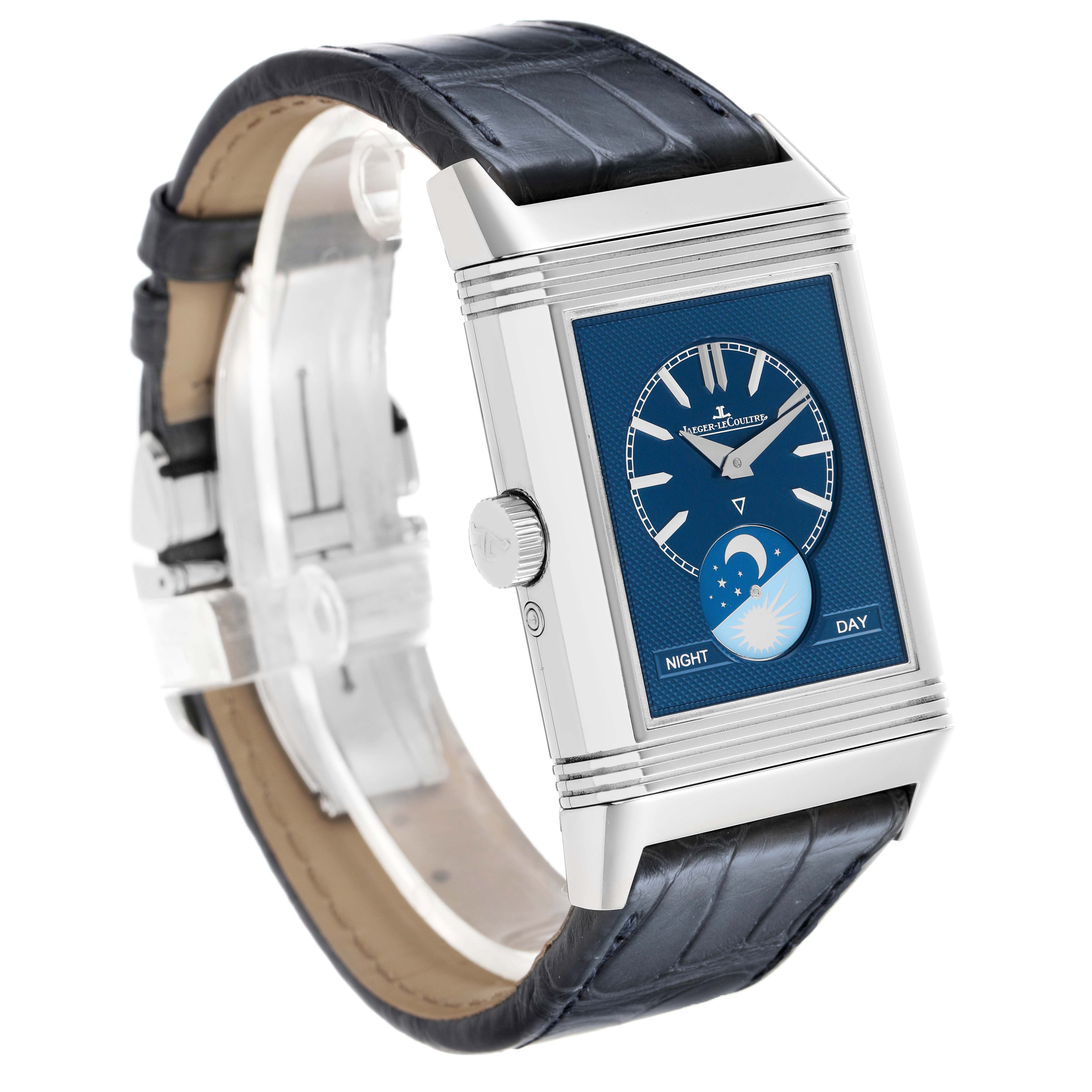 The Jaeger-LeCoultre Reverso watch is shown at a three-quarter angle, highlighting the dial, case, and strap.