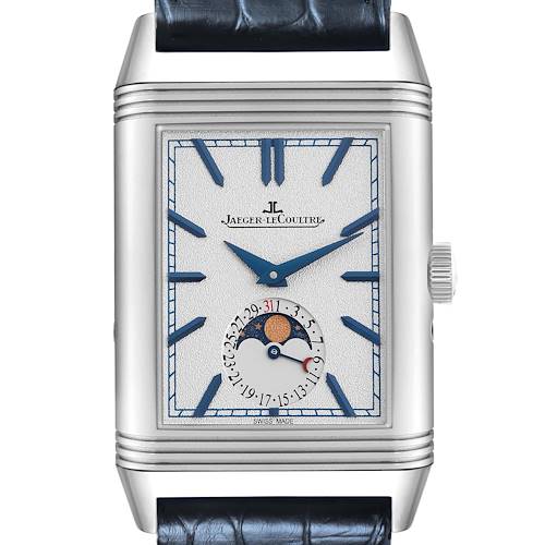 The Jaeger LeCoultre Reverso Q3958420 Men's Stainless Steel Silver Dial watch is shown from a front angle, highlighting its rectangular face, blue hands, and moon-phase indicator.