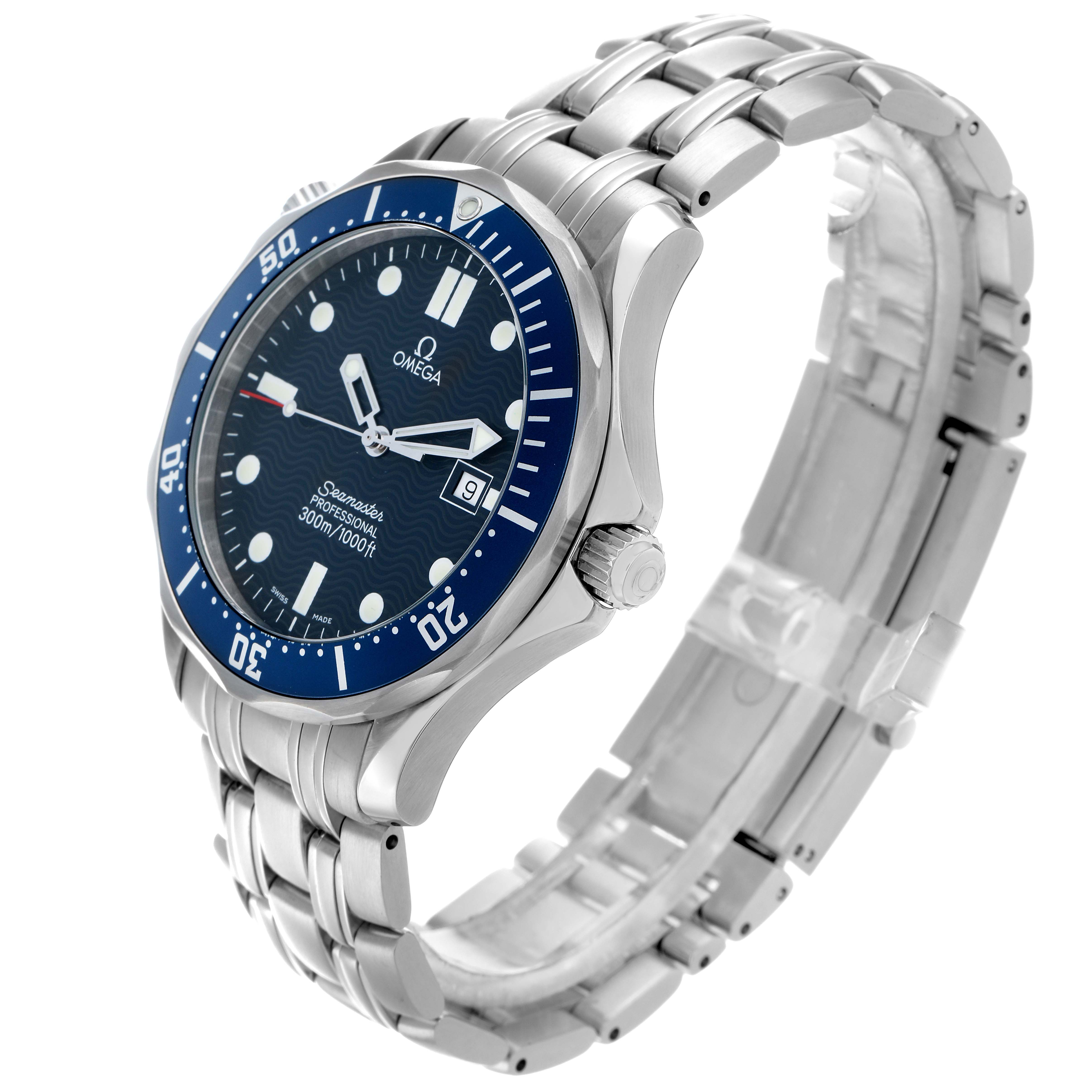 The Omega Seamaster 2541.80.00 Men
s Stainless Steel Blue Dial watch is shown at a three-quarter angle, displaying the dial, bezel, crown, and bracelet.