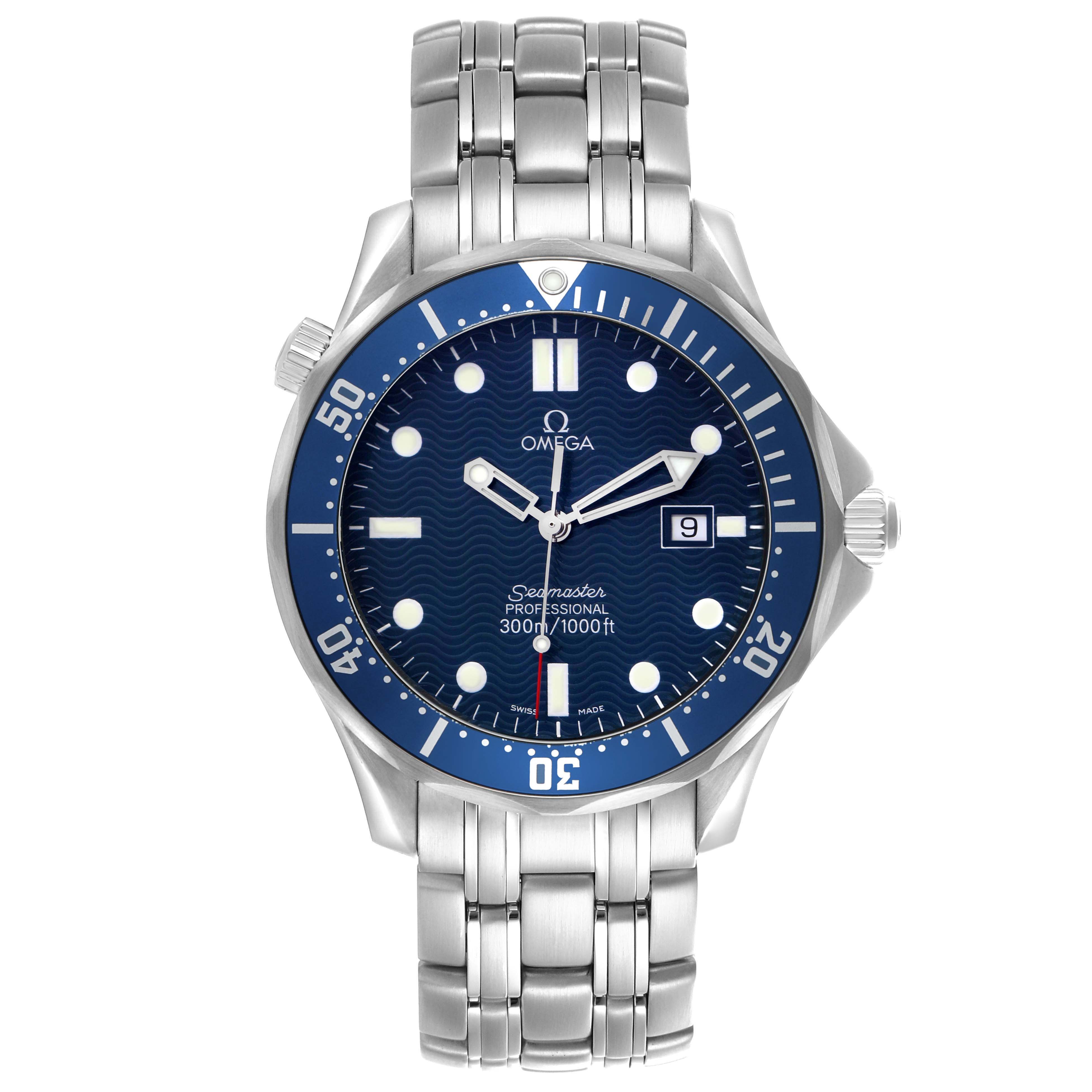 The Omega Seamaster 2541.80.00 Men
s Stainless Steel Blue Dial watch is shown from the front, displaying the dial, bezel, and bracelet fully.