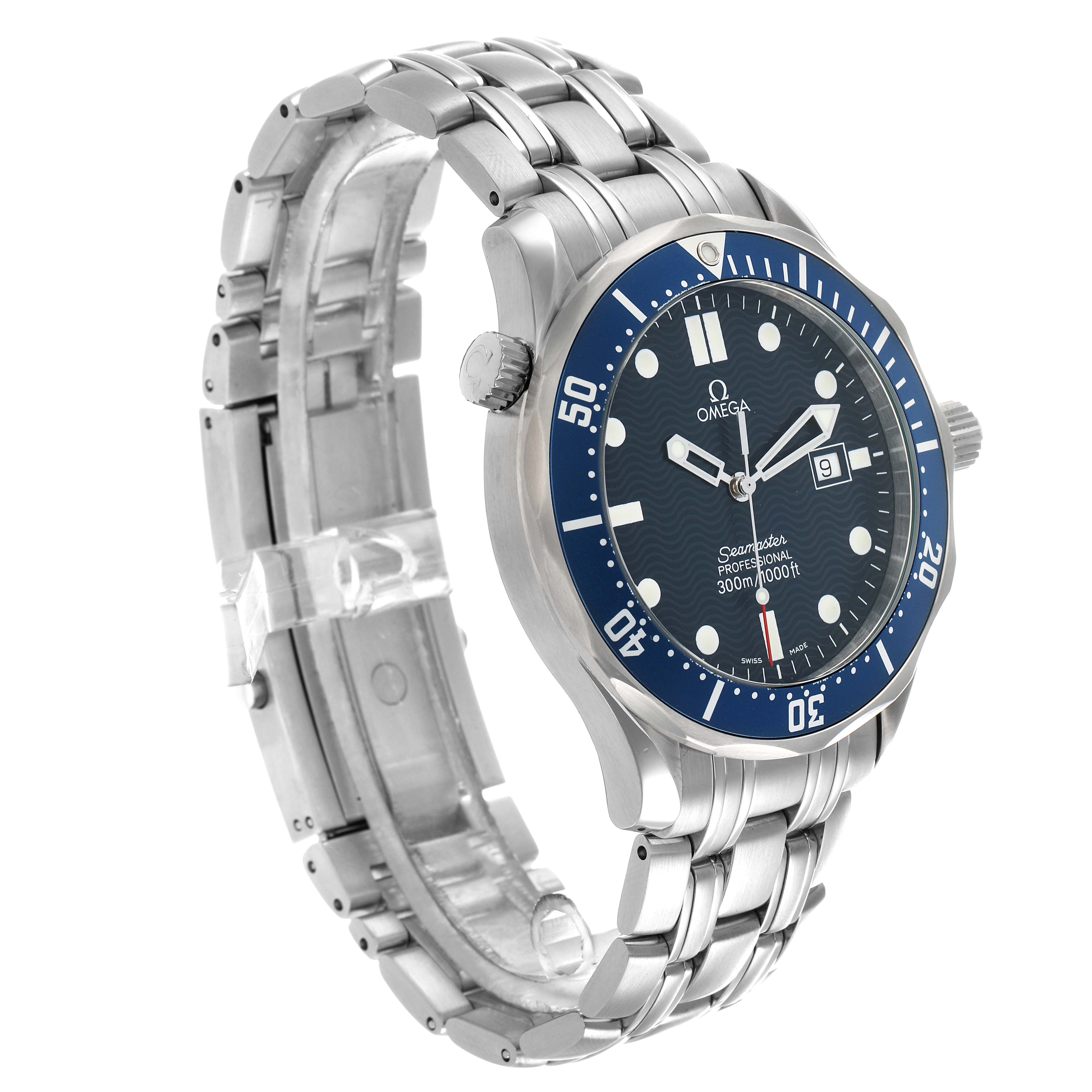 The Omega Seamaster 2541.80.00 Men
s Stainless Steel Blue Dial watch is shown at a three-quarter angle, displaying the bracelet, case, bezel, dial, and crown.