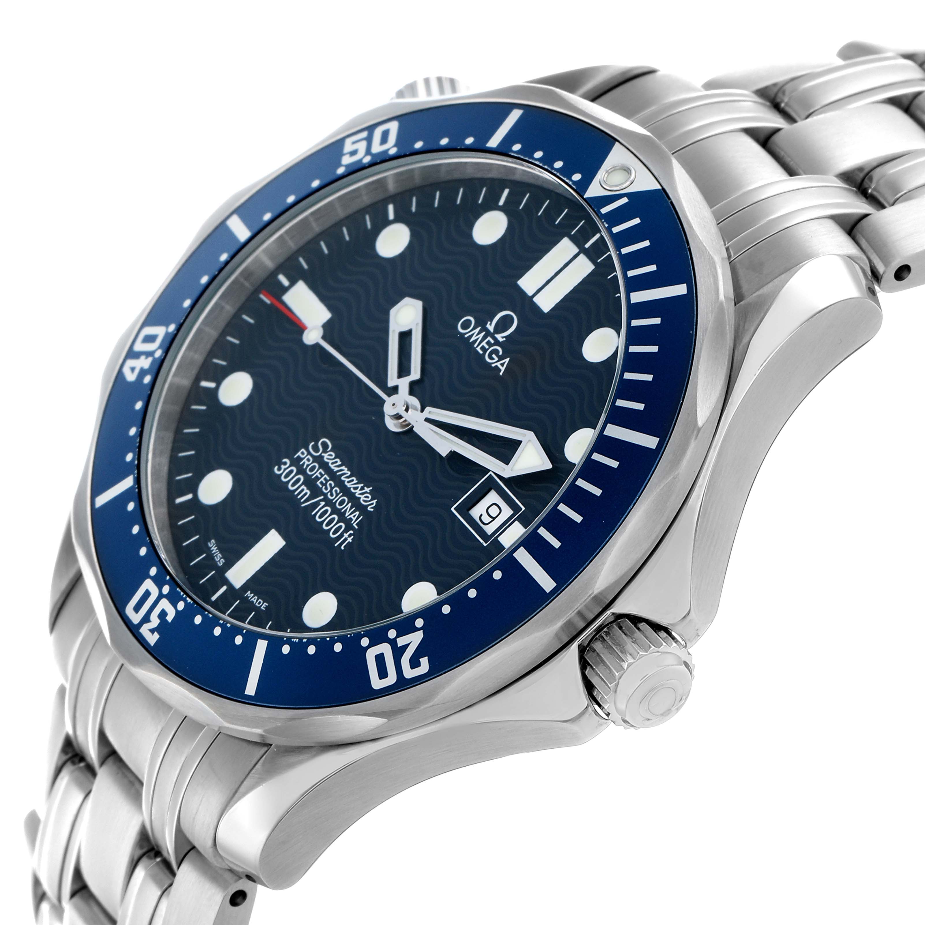 The Omega Seamaster 2541.80.00 Men
s Stainless Steel Blue Dial watch is shown at a side angle, highlighting the dial, bezel, crown, and metal bracelet.