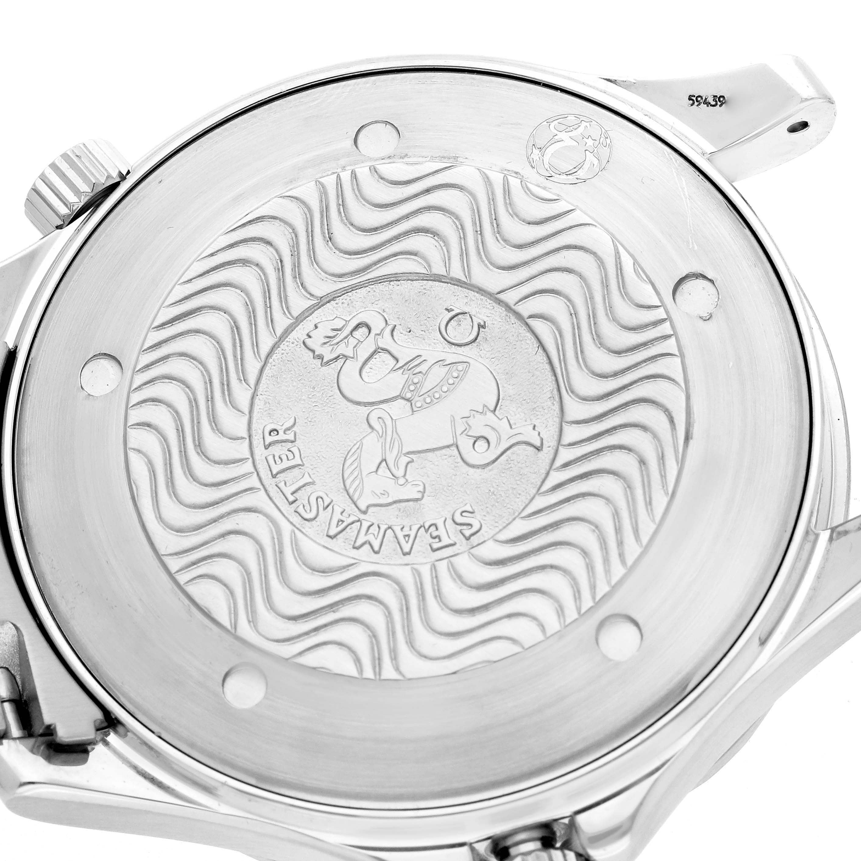 The image shows the back case of an Omega Seamaster 2541.80.00 Men
s Stainless Steel Blue Dial watch, featuring embossed design and logo details.