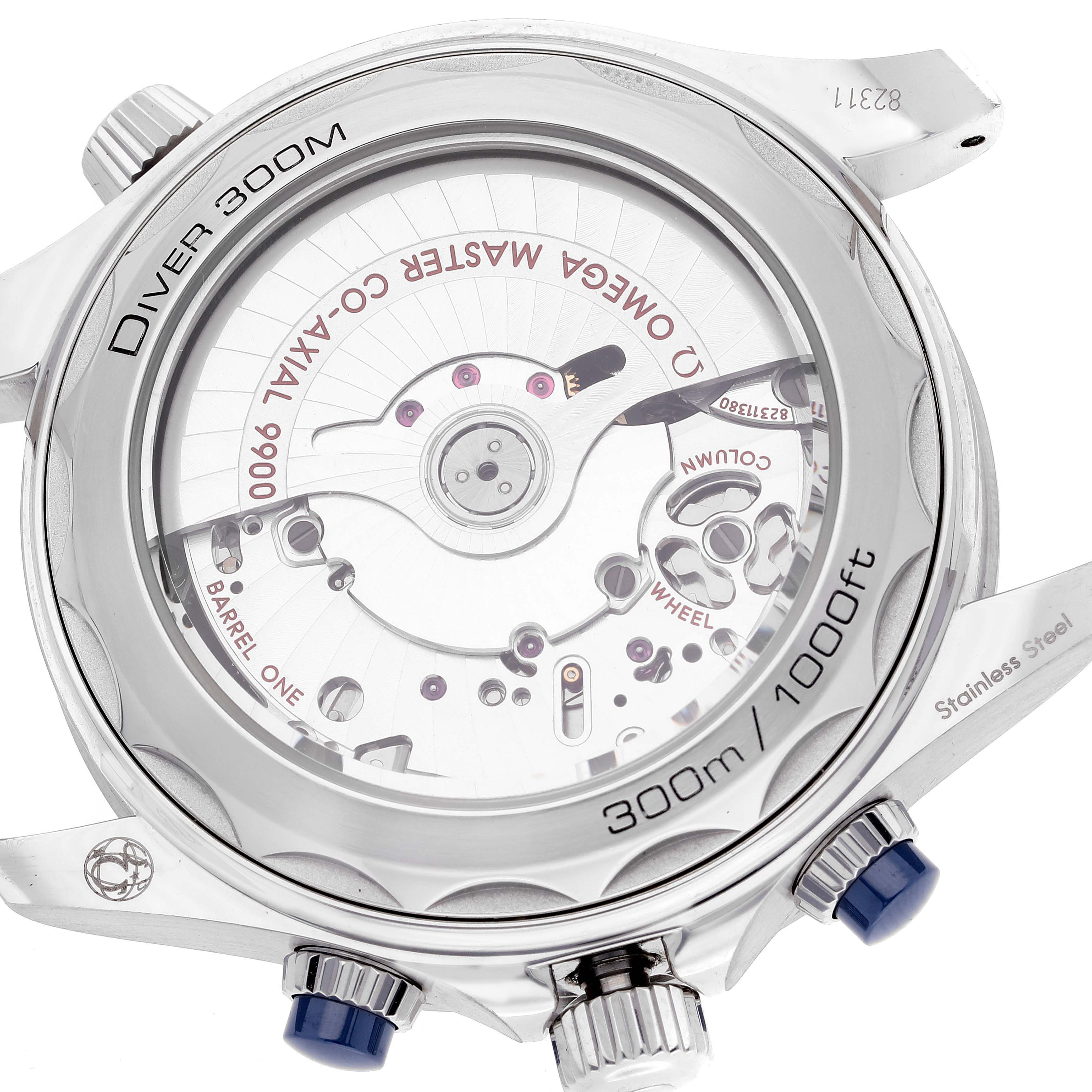 The image shows the back view of the Omega Seamaster 210.30.44.51.06.001 Men's Stainless Steel Grey Dial 210.30.44.51.06.001 Men's Stainless Steel Grey Dial 300M, highlighting its movement and case details.