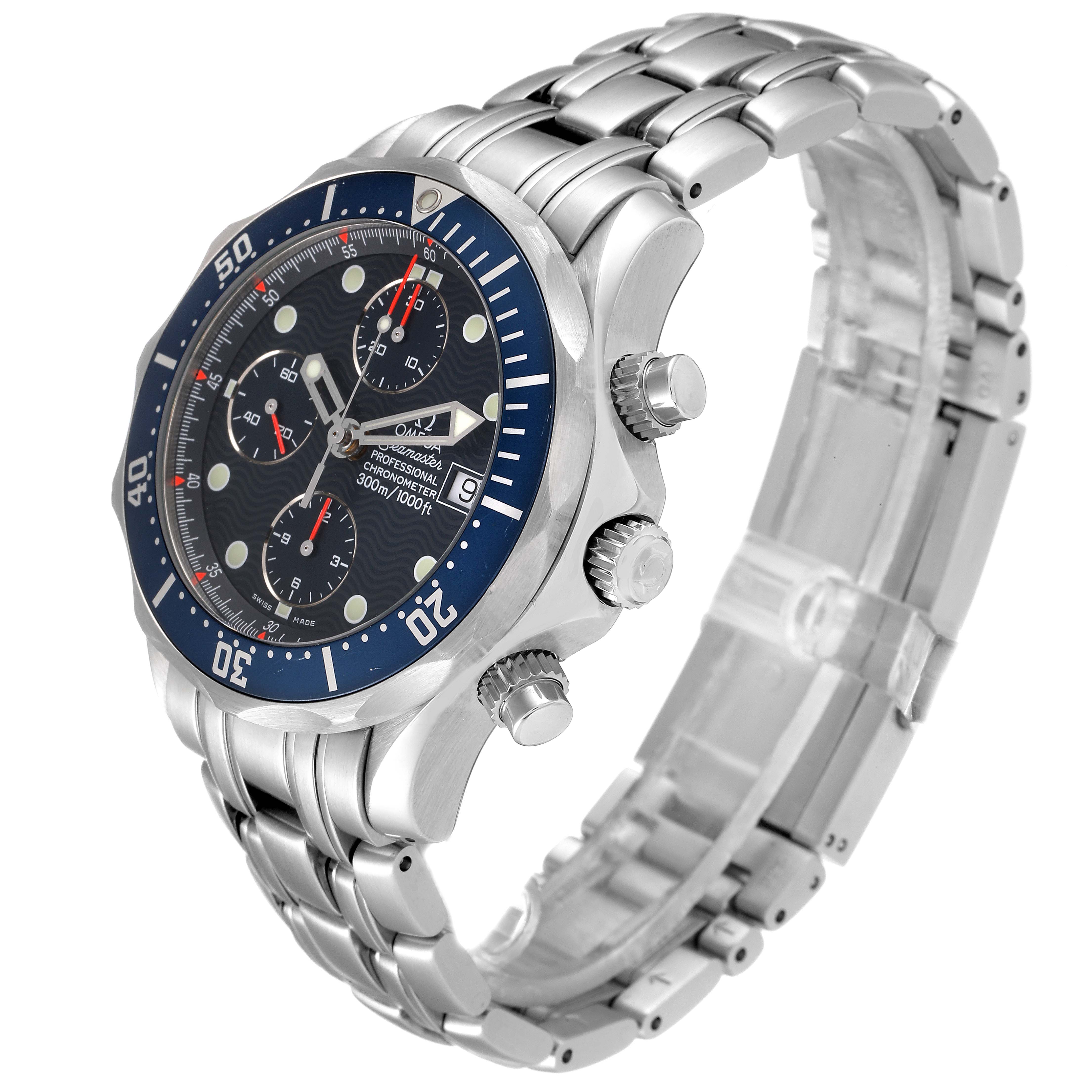 The Omega Seamaster 2599.80.00 Men's Stainless Steel Blue Dial 2599.80.00 Men's Stainless Steel Blue Dial watch is shown at an angled view, highlighting the face, bezel, crown, and stainless steel bracelet.