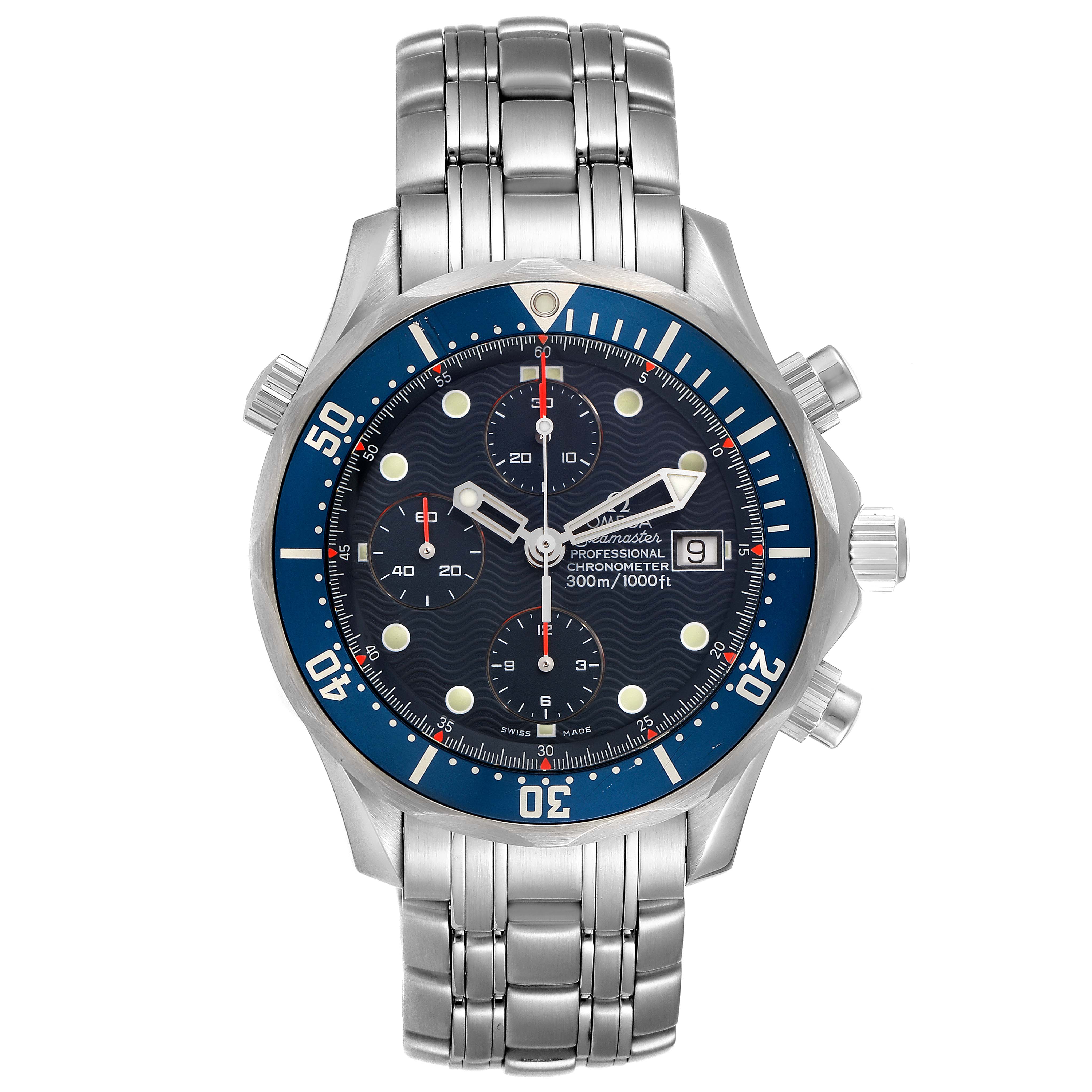 This image shows a front view of an Omega Seamaster 2599.80.00 Men's Stainless Steel Blue Dial 2599.80.00 Men's Stainless Steel Blue Dial watch, highlighting its bracelet, bezel, dial, and subdials.