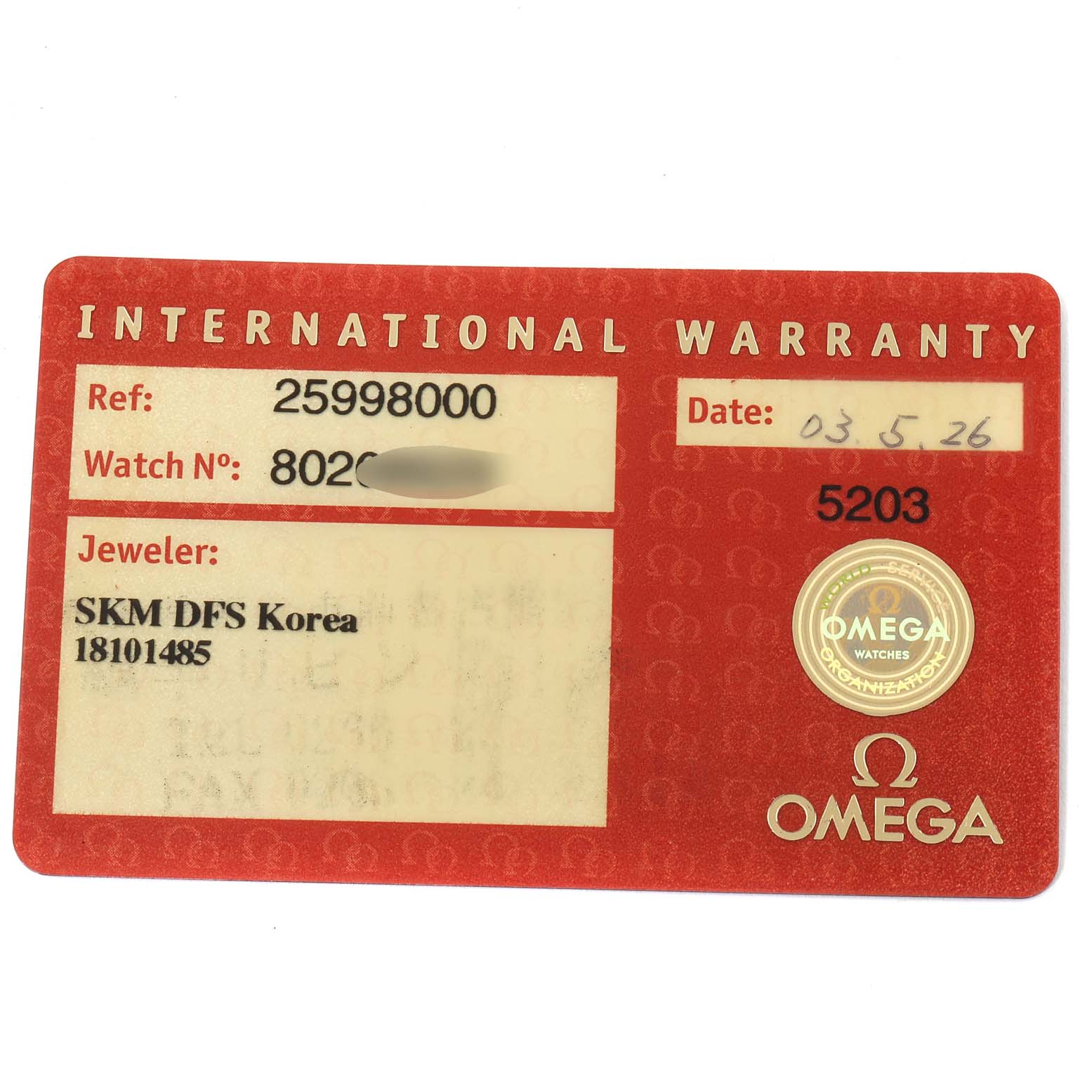 This is an Omega Seamaster 2599.80.00 Men's Stainless Steel Blue Dial 2599.80.00 Men's Stainless Steel Blue Dial International Warranty card showing information about the reference number, watch number, jeweler, and date.