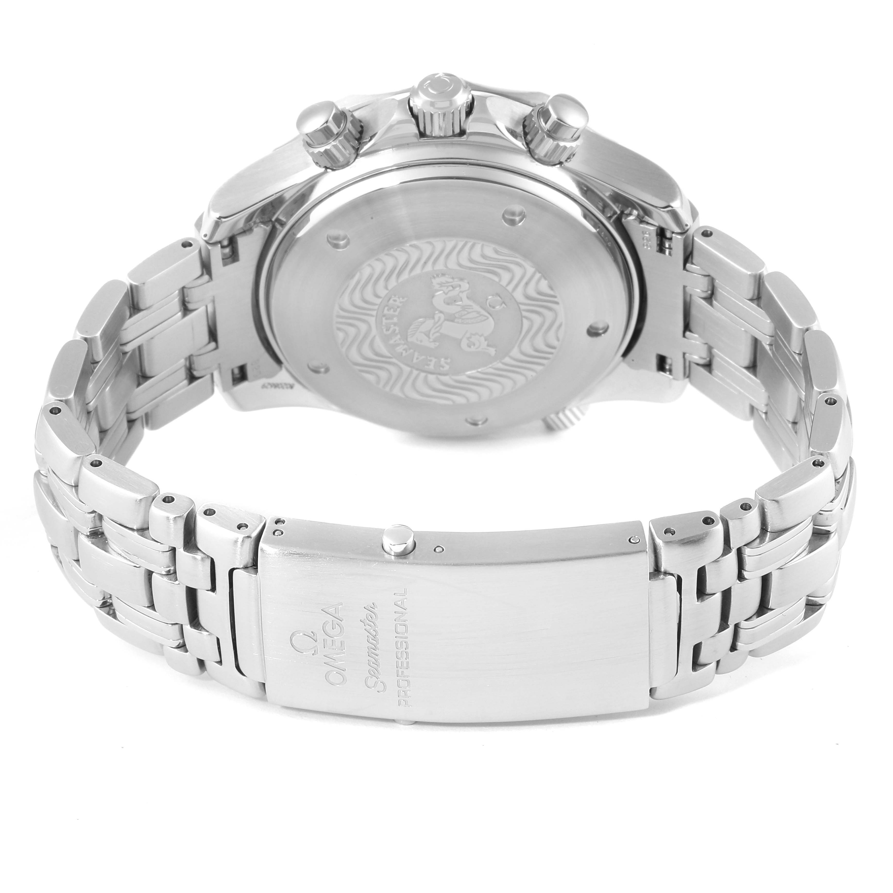 The image shows the back case and bracelet of the Omega Seamaster 2599.80.00 Men's Stainless Steel Blue Dial 2599.80.00 Men's Stainless Steel Blue Dial watch, highlighting the clasp and case back design.