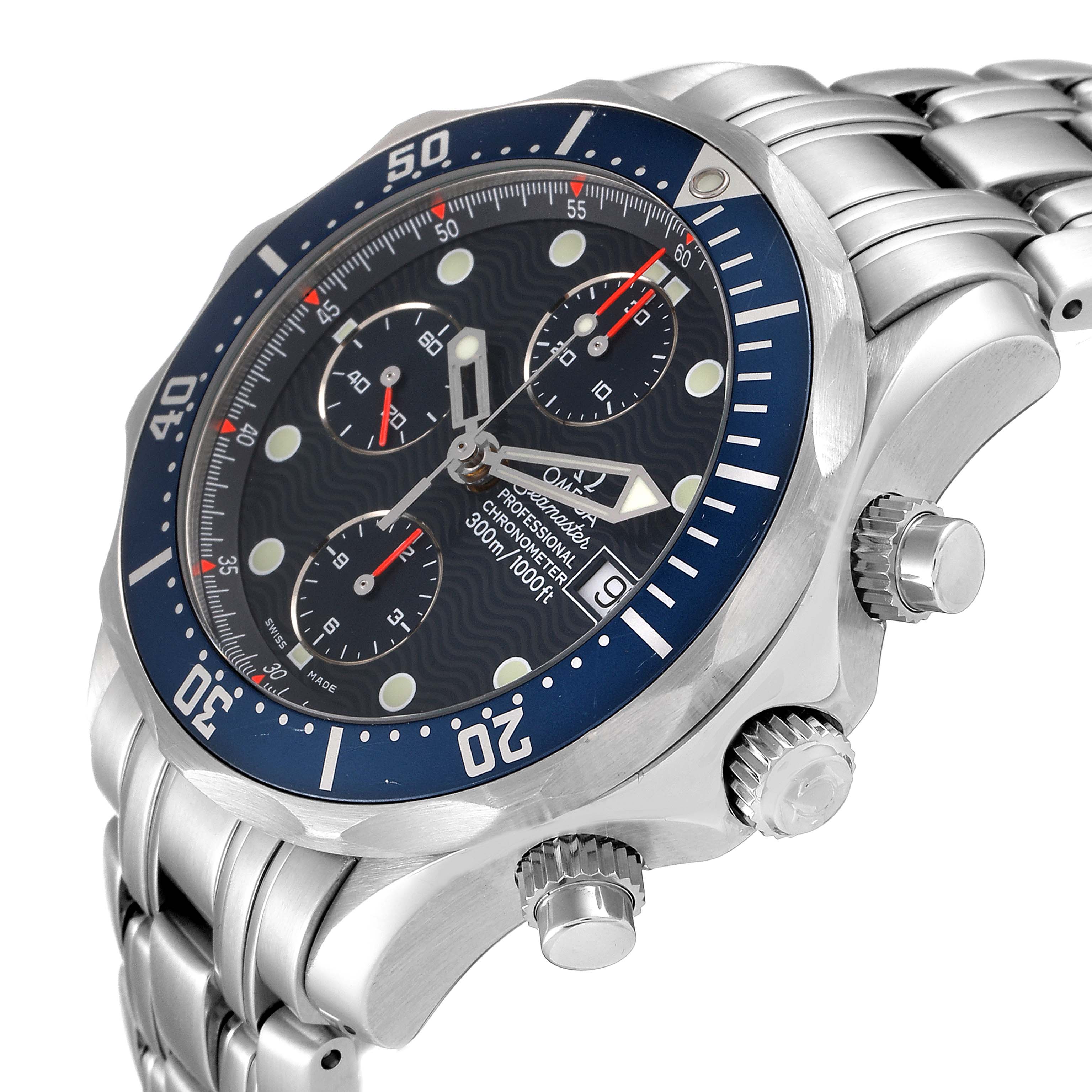 This image shows a side angle of an Omega Seamaster 2599.80.00 Men's Stainless Steel Blue Dial 2599.80.00 Men's Stainless Steel Blue Dial watch, highlighting the bezel, dial, and chronograph pushers.