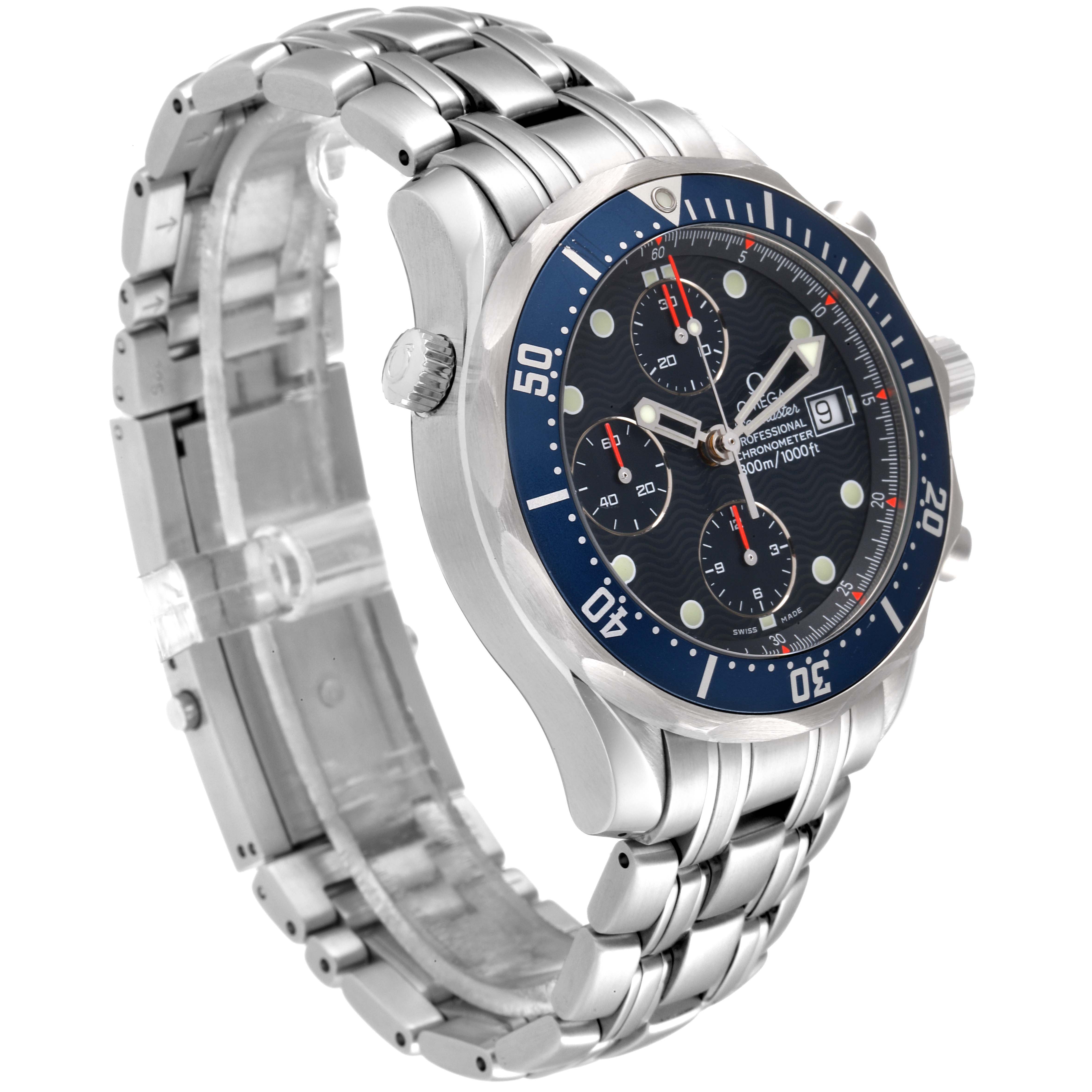 The Omega Seamaster 2599.80.00 Men's Stainless Steel Blue Dial 2599.80.00 Men's Stainless Steel Blue Dial watch is shown at an angled side view, displaying its dial, bezel, crown, and stainless steel bracelet.