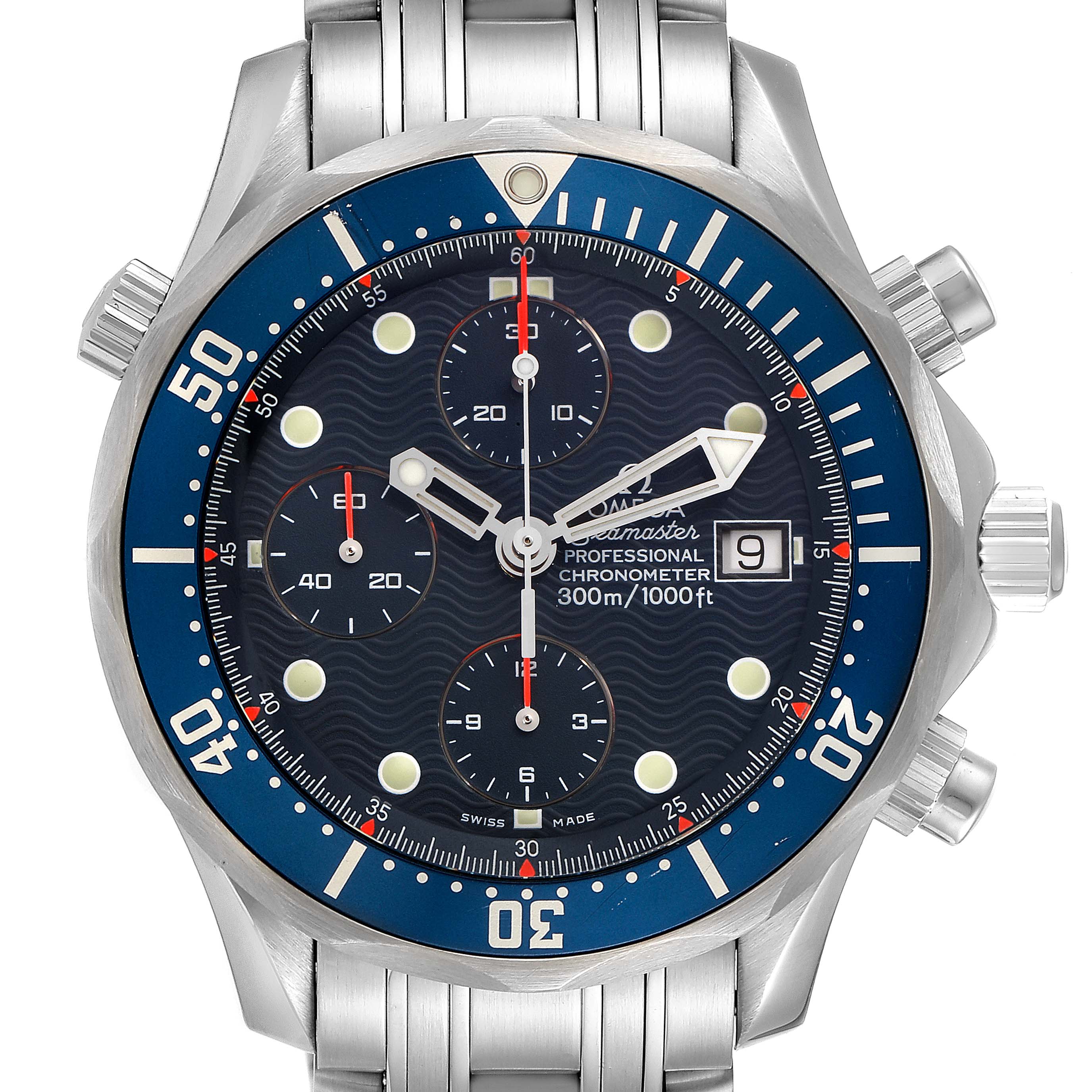 The image shows a frontal view of the Omega Seamaster 2599.80.00 Men's Stainless Steel Blue Dial 2599.80.00 Men's Stainless Steel Blue Dial watch, displaying its dial, bezel, and part of the bracelet.