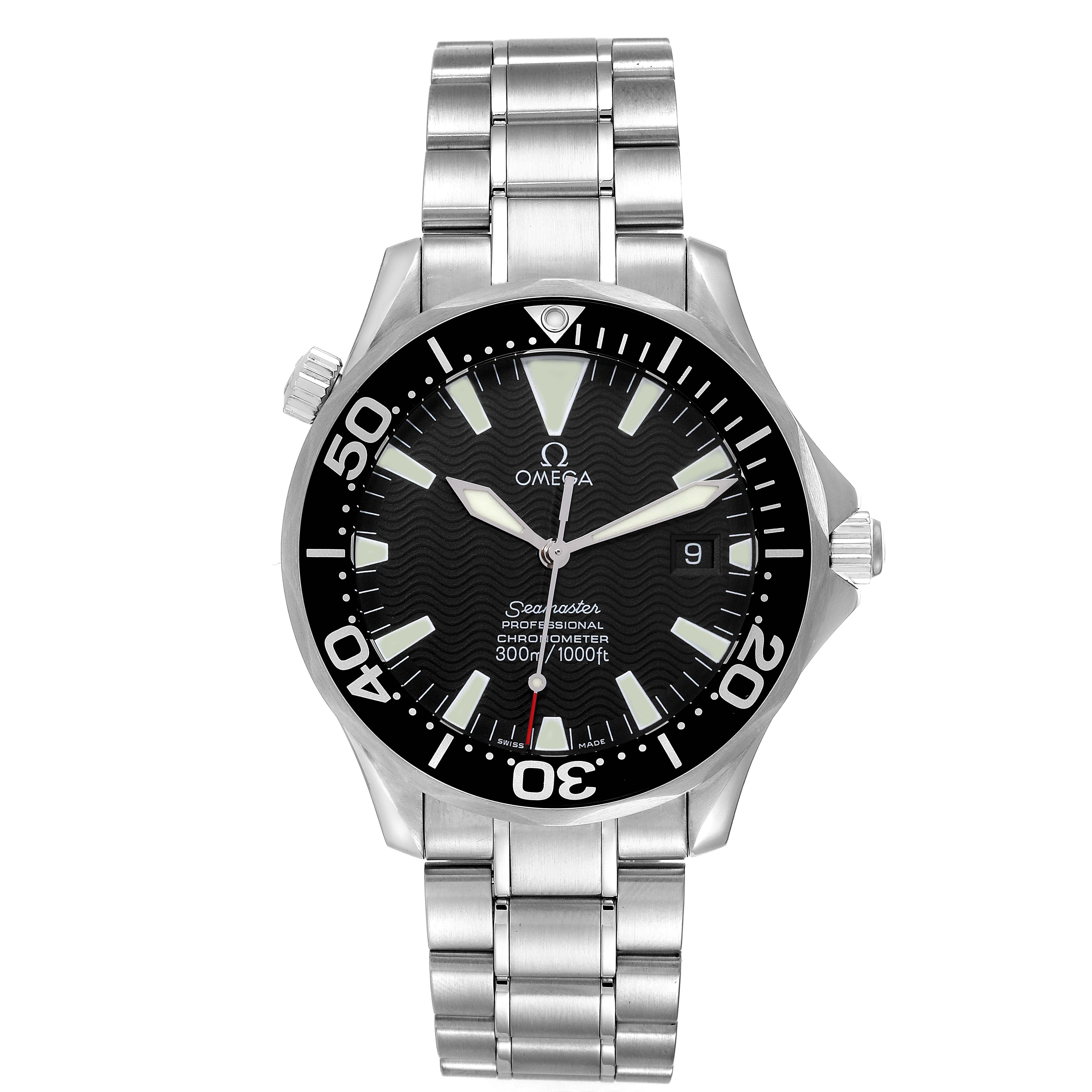 This image shows the front view of the Omega Seamaster 2254.50.00 Men's Stainless Steel Black Dial 2254.50.00 Men's Stainless Steel Black Dial watch, highlighting its face, bezel, and bracelet.