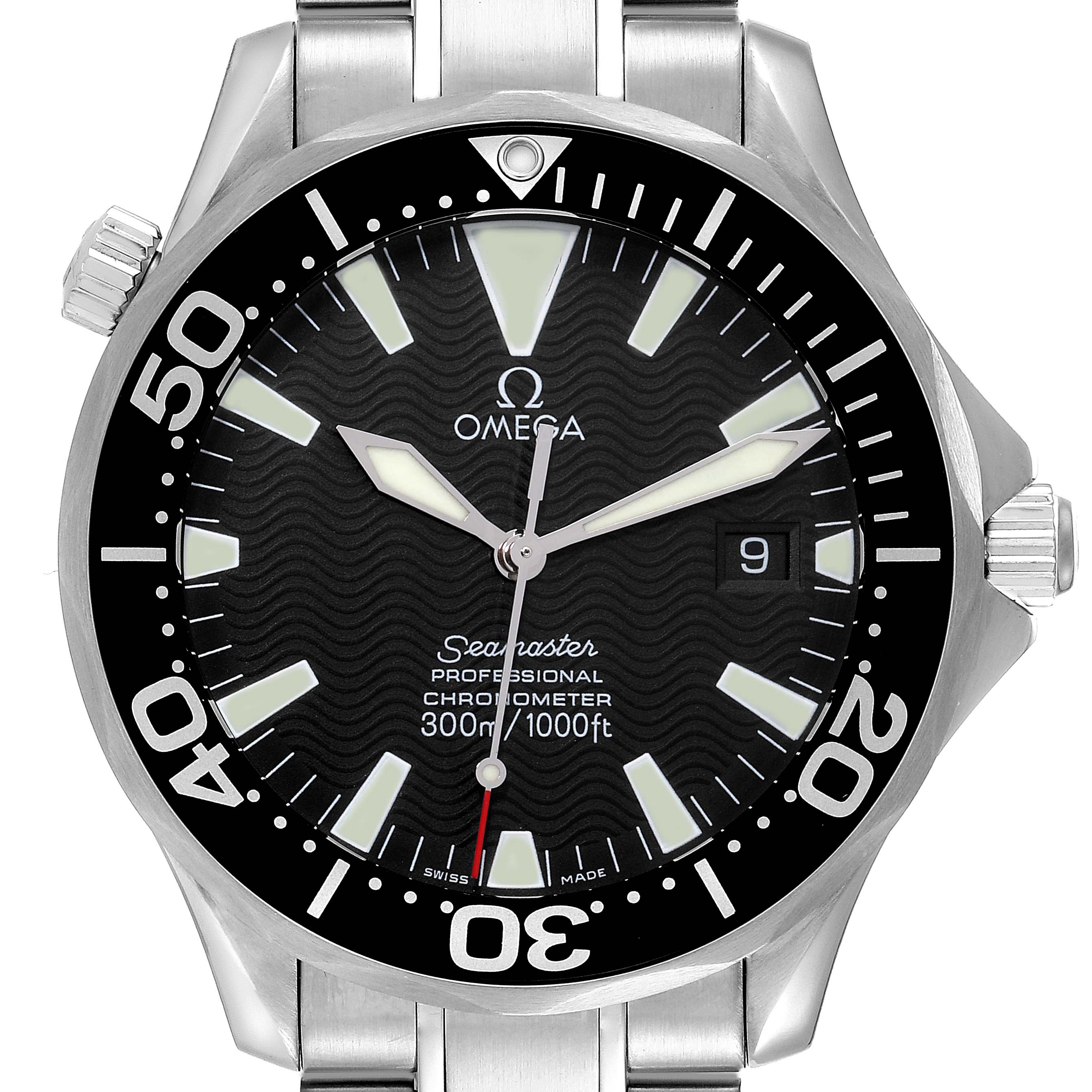 This image shows a frontal view of the Omega Seamaster 2254.50.00 Men's Stainless Steel Black Dial 2254.50.00 Men's Stainless Steel Black Dial watch, displaying its face, bezel, and part of the bracelet.
