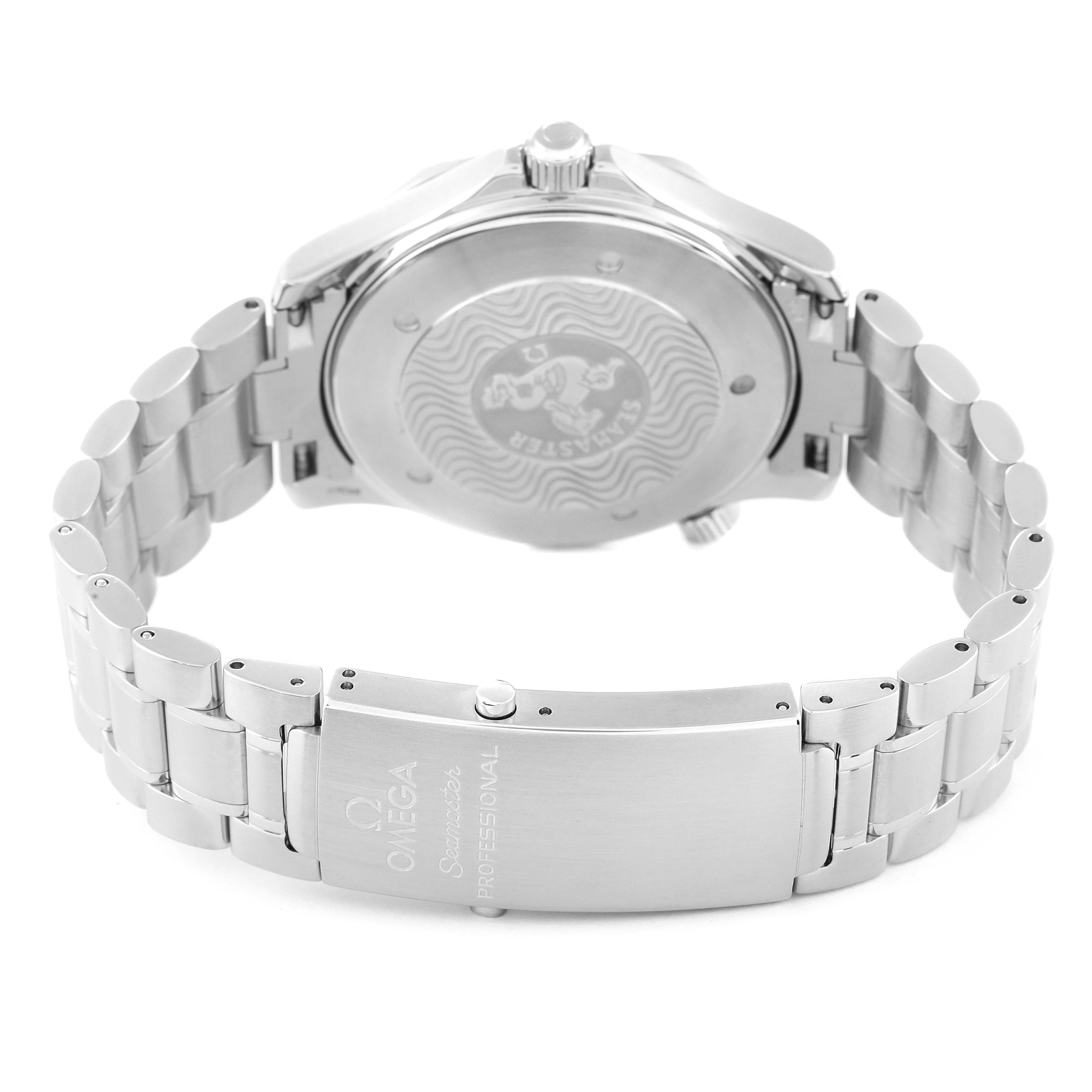 The image shows the back view and bracelet of an Omega Seamaster 2254.50.00 Men's Stainless Steel Black Dial 2254.50.00 Men's Stainless Steel Black Dial watch, highlighting the clasp and case back.