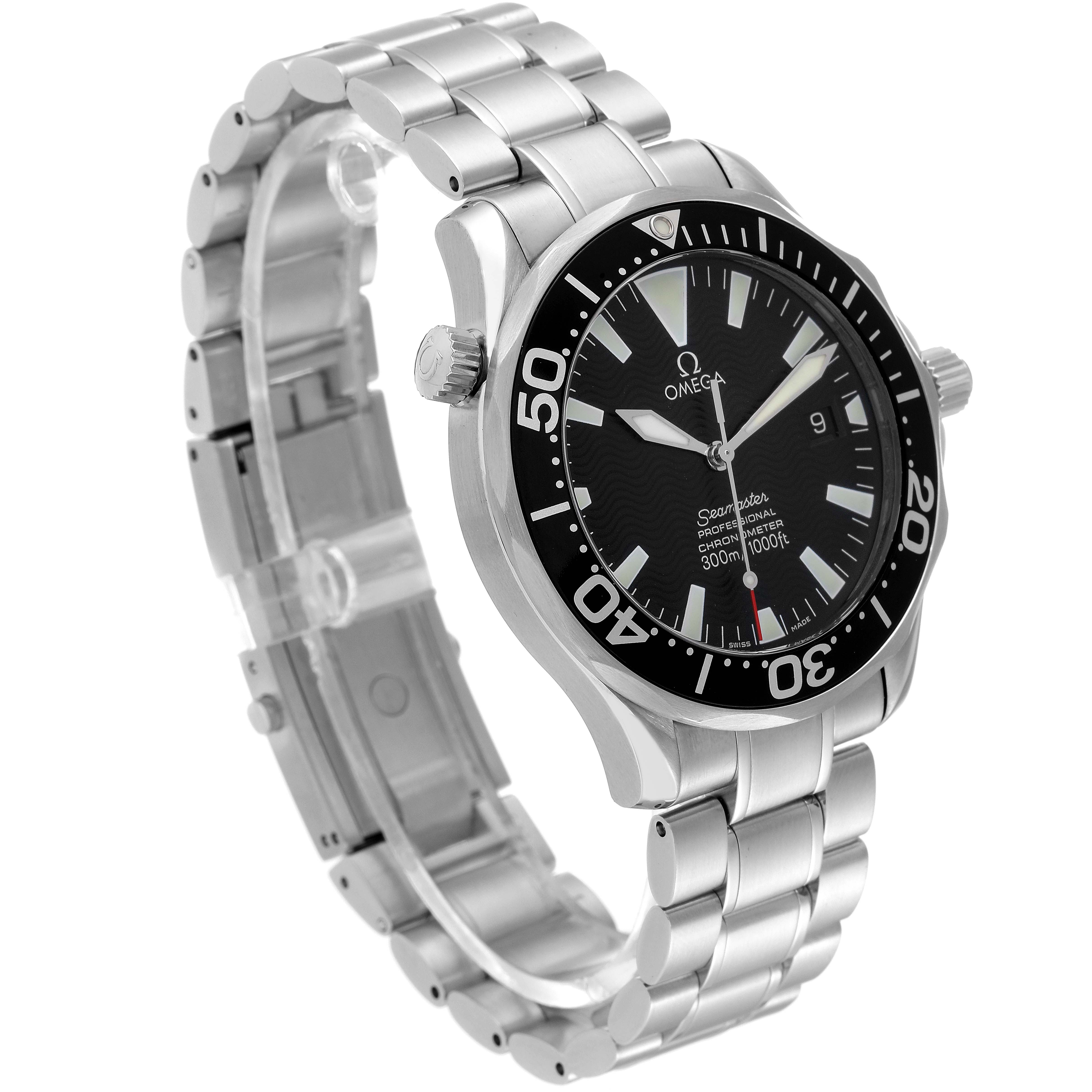 The image shows an angled side view of an Omega Seamaster 2254.50.00 Men's Stainless Steel Black Dial 2254.50.00 Men's Stainless Steel Black Dial watch, highlighting the dial, bezel, and metal bracelet.