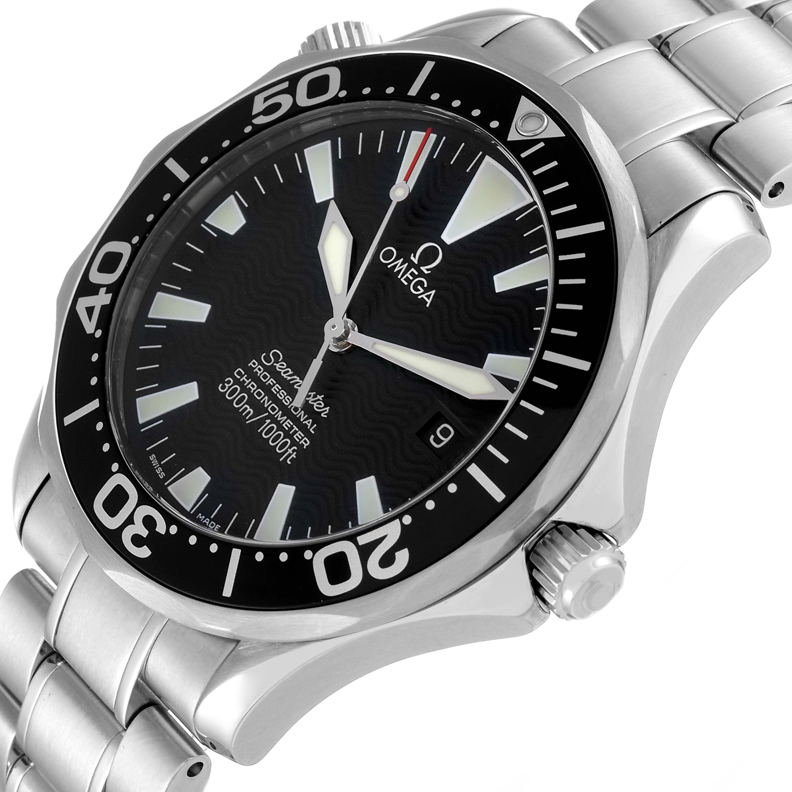 The image shows an angled close-up of an Omega Seamaster 2254.50.00 Men's Stainless Steel Black Dial 2254.50.00 Men's Stainless Steel Black Dial watch, highlighting the bezel, dial, and stainless steel bracelet.