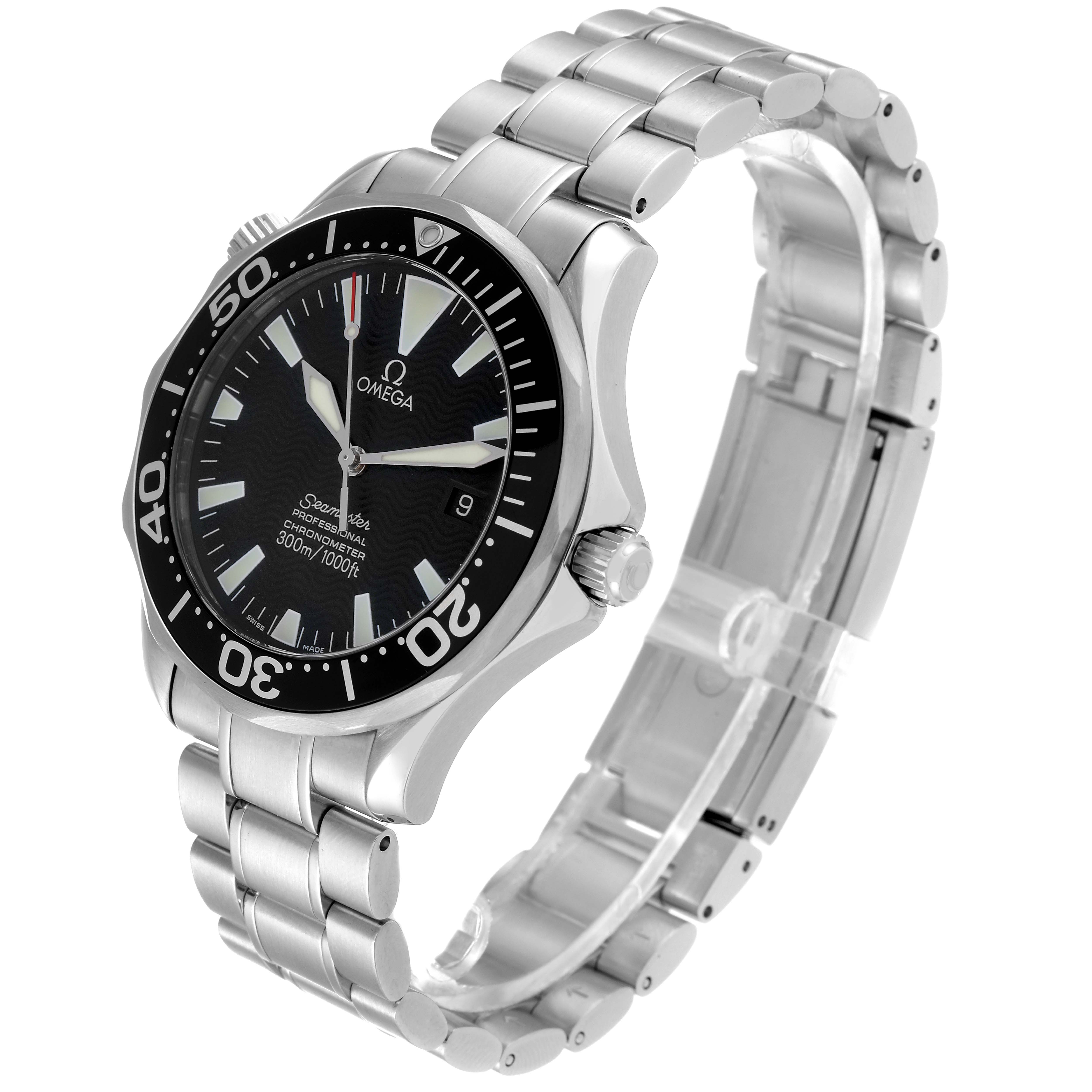 The Omega Seamaster 2254.50.00 Men's Stainless Steel Black Dial 2254.50.00 Men's Stainless Steel Black Dial watch is shown at an oblique angle, displaying the face, bezel, crown, and stainless steel bracelet.