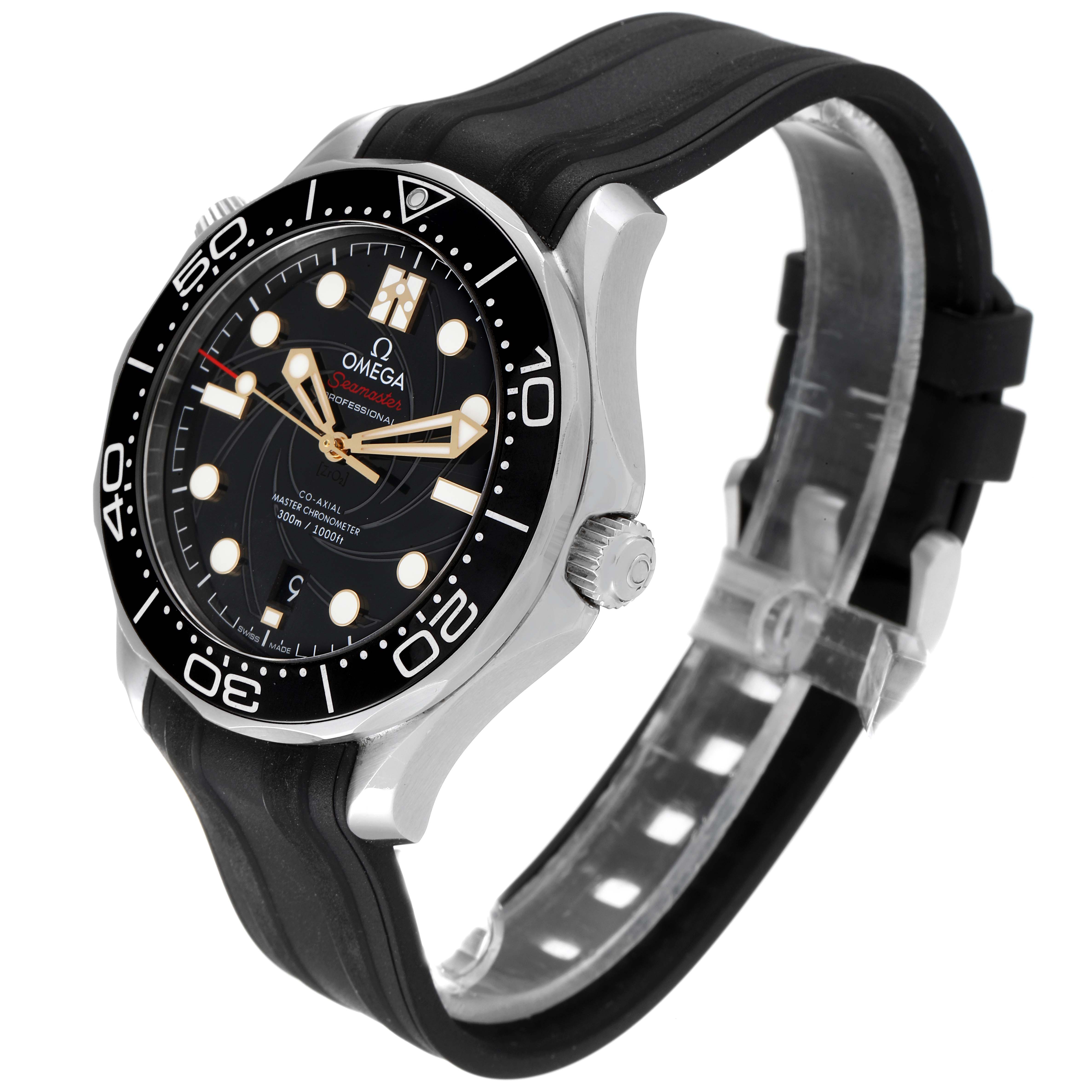 The image shows an Omega Seamaster 210.22.42.20.01.004 Men's Stainless Steel Black Dial 210.22.42.20.01.004 Men's Stainless Steel Black Dial watch from a front-left angle, highlighting its black bezel, dial, and rubber strap.