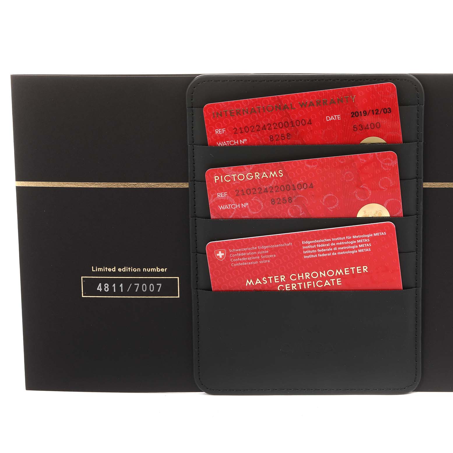 This image shows the warranty cards for an Omega Seamaster 210.22.42.20.01.004 Men's Stainless Steel Black Dial 210.22.42.20.01.004 Men's Stainless Steel Black Dial model, organized in a black cardholder.