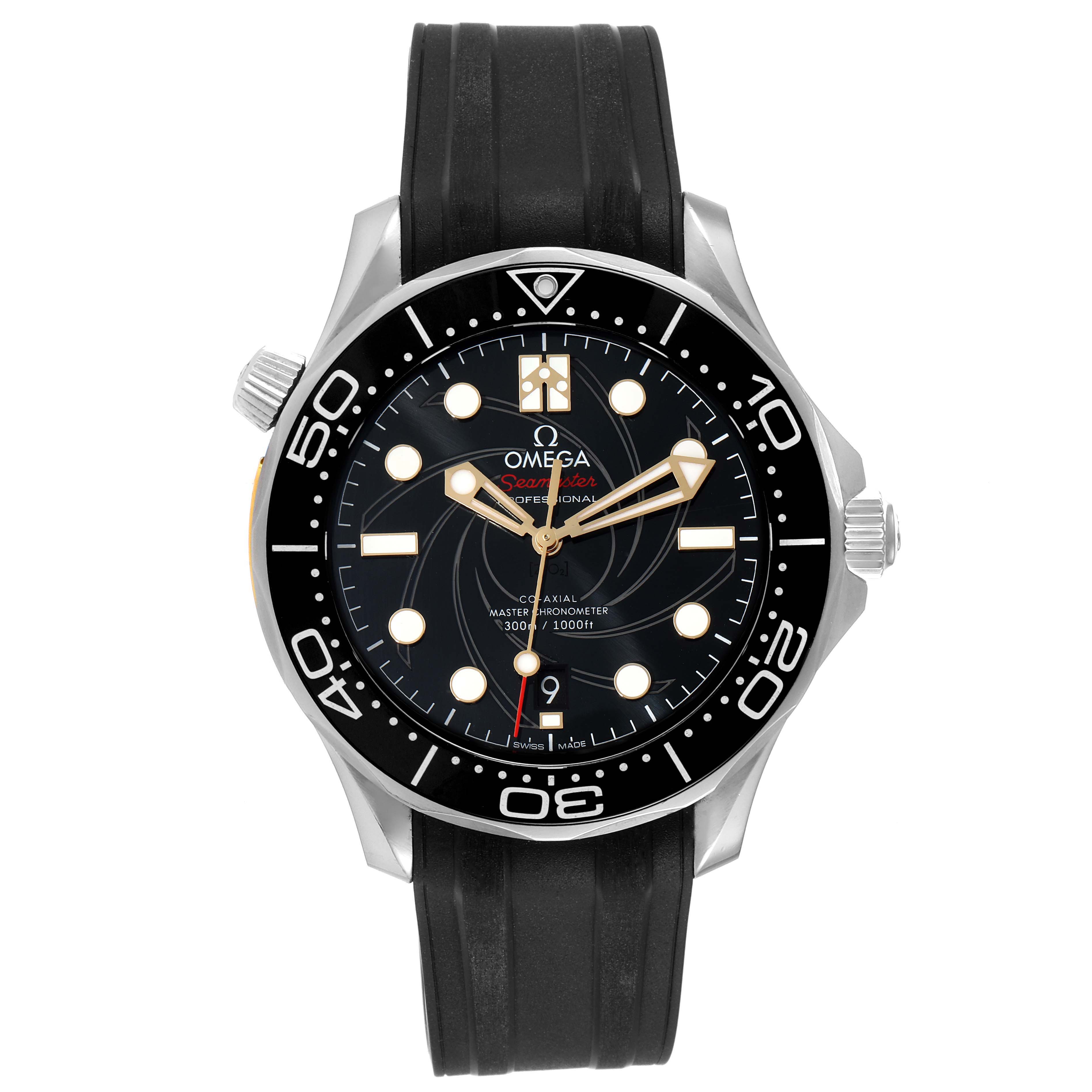 The image shows a frontal view of the Omega Seamaster 210.22.42.20.01.004 Men's Stainless Steel Black Dial 210.22.42.20.01.004 Men's Stainless Steel Black Dial watch, highlighting its black dial, bezel, and rubber strap.