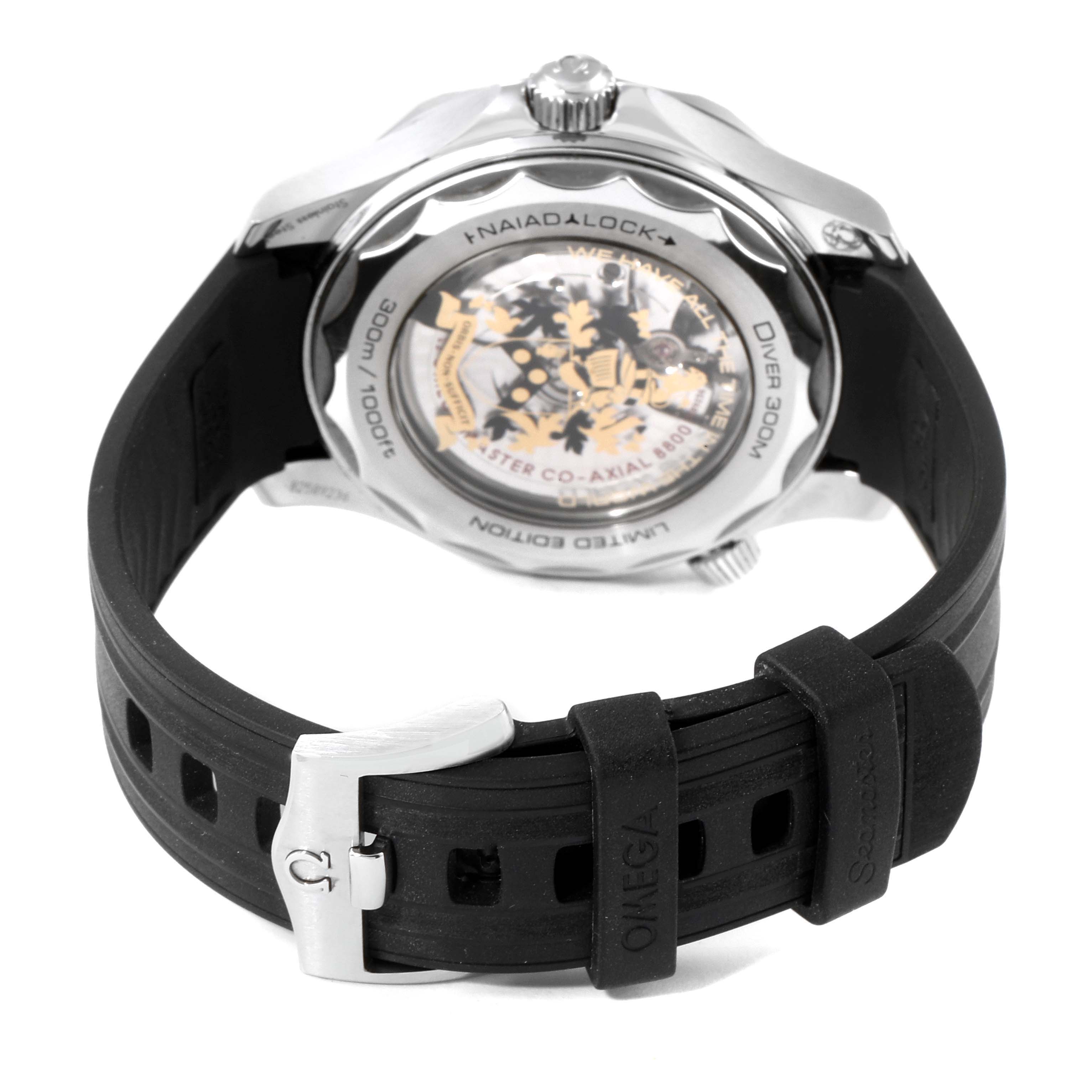 The image shows the back of the Omega Seamaster 210.22.42.20.01.004 Men's Stainless Steel Black Dial 210.22.42.20.01.004 Men's Stainless Steel Black Dial watch with its Naiad lock and the black rubber strap.
