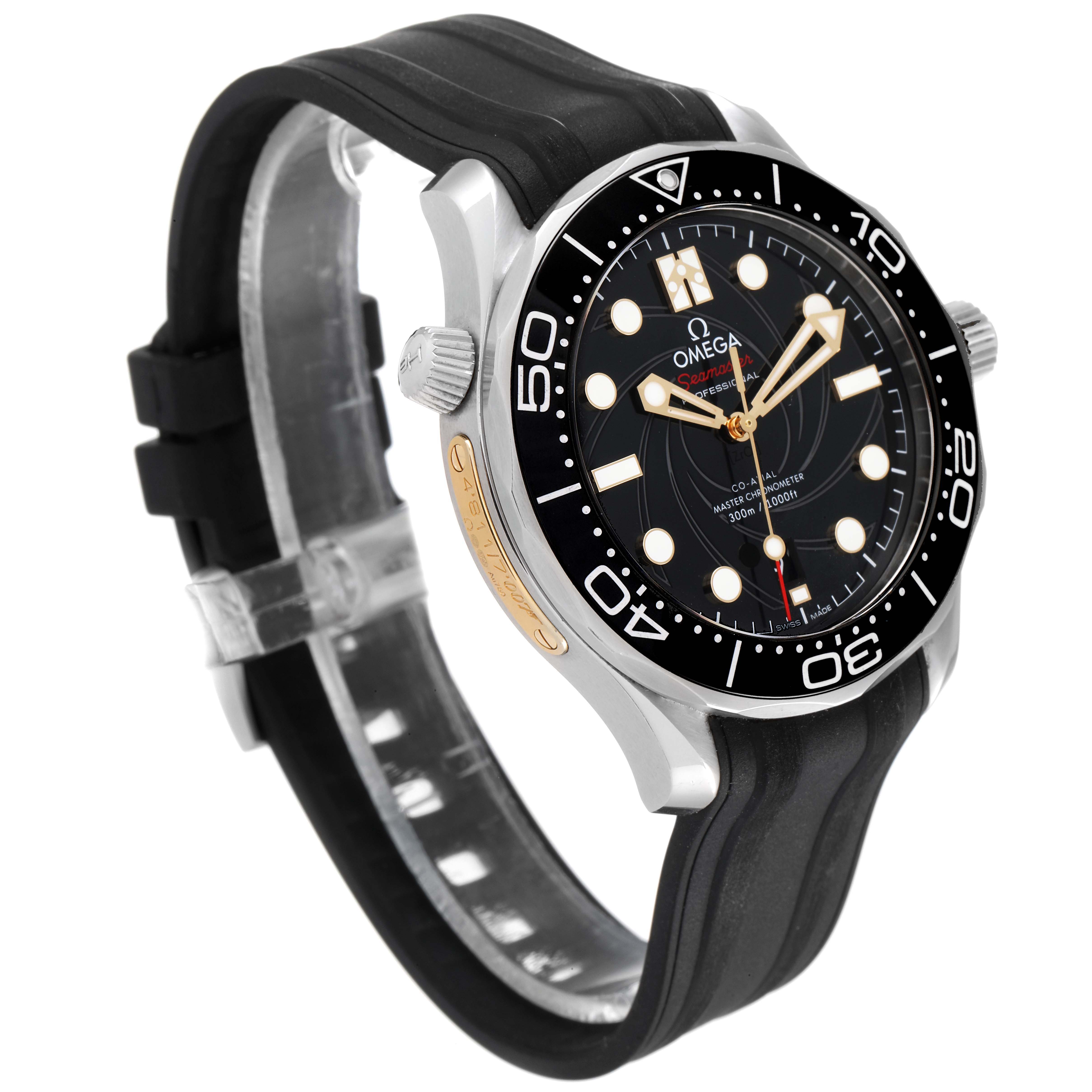 The image shows an Omega Seamaster 210.22.42.20.01.004 Men's Stainless Steel Black Dial 210.22.42.20.01.004 Men's Stainless Steel Black Dial watch at an angled side view, highlighting the dial, bezel, case, and black rubber strap.