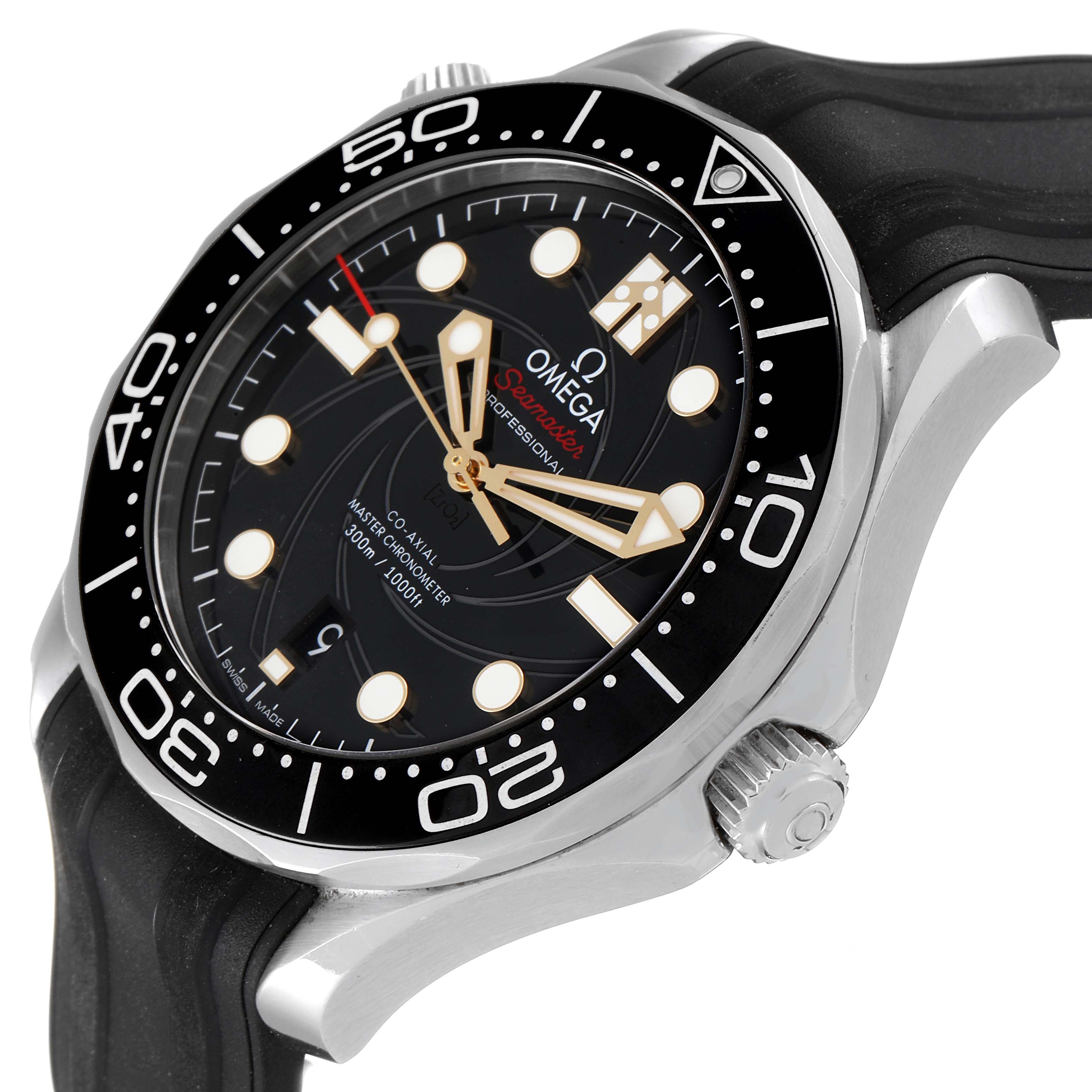 The Omega Seamaster 210.22.42.20.01.004 Men's Stainless Steel Black Dial 210.22.42.20.01.004 Men's Stainless Steel Black Dial watch is shown at an angle revealing the watch face, bezel, crown, and part of the black strap.