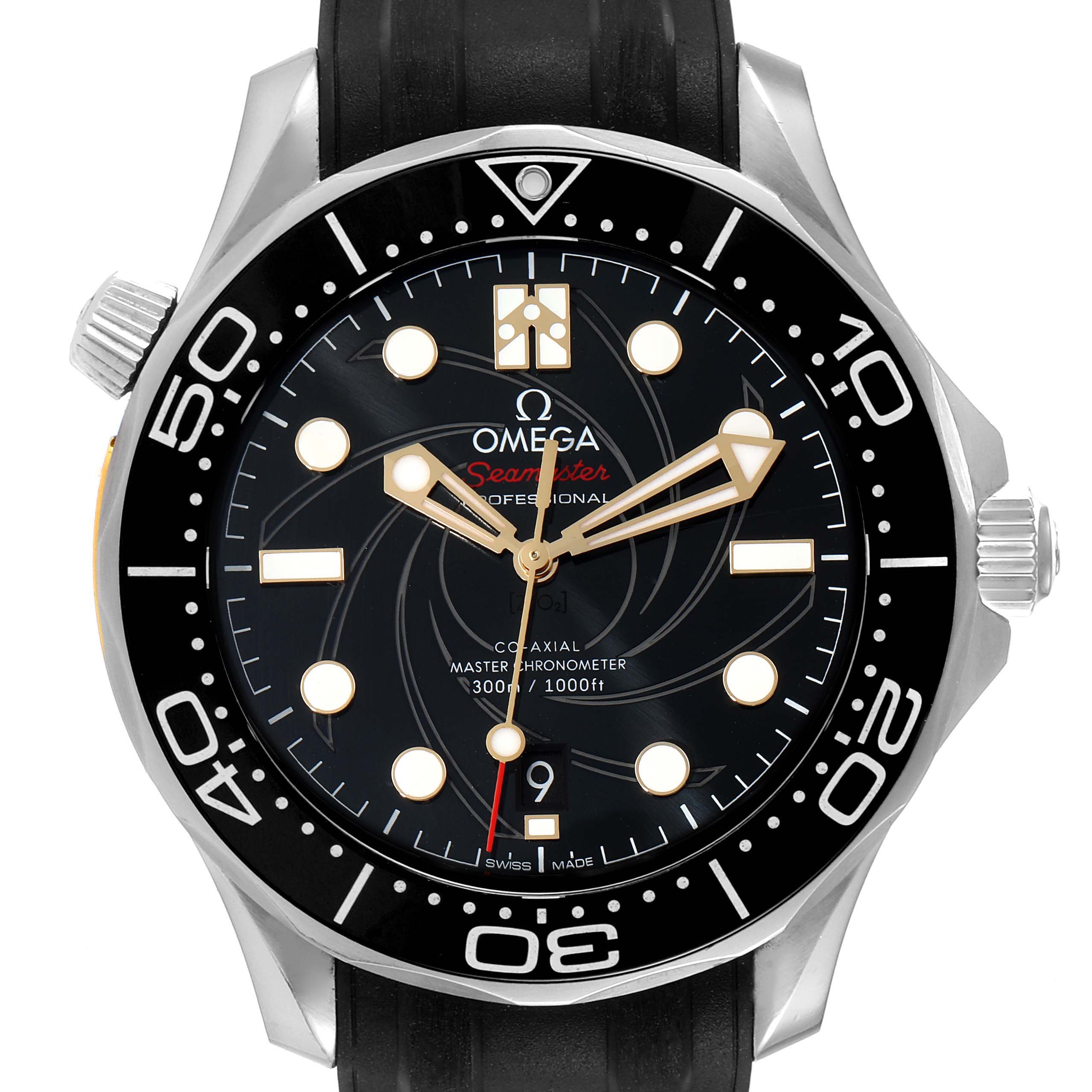 The image shows a frontal view of the Omega Seamaster 210.22.42.20.01.004 Men's Stainless Steel Black Dial 210.22.42.20.01.004 Men's Stainless Steel Black Dial watch, displaying its dial, bezel, and strap parts.