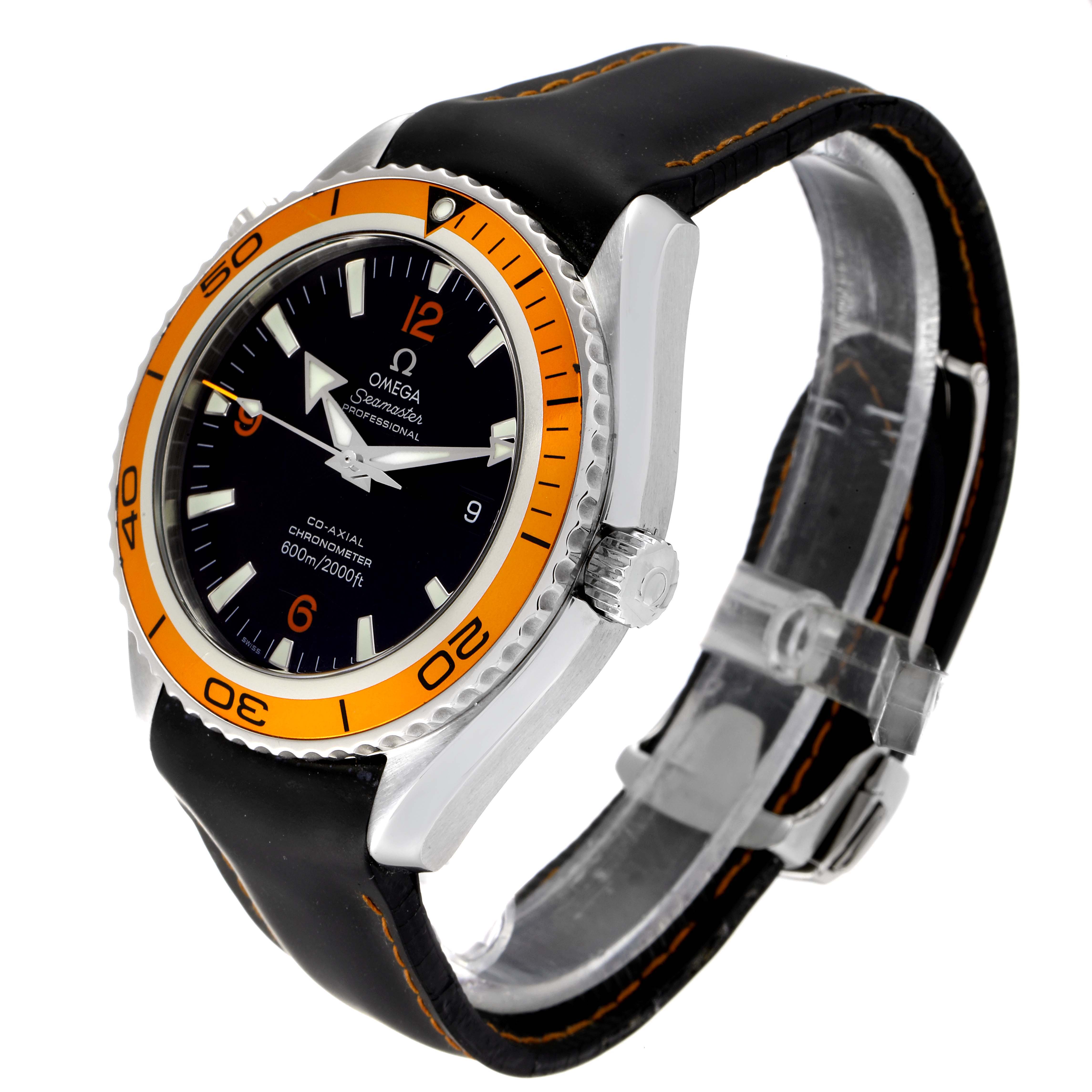 The Omega Planet Ocean 232.32.46.21.01.001 Men's Stainless Steel Black Dial 232.32.46.21.01.001 Men's Stainless Steel Black Dial watch is shown at a slight angle, displaying its face, crown, bezel, and strap.