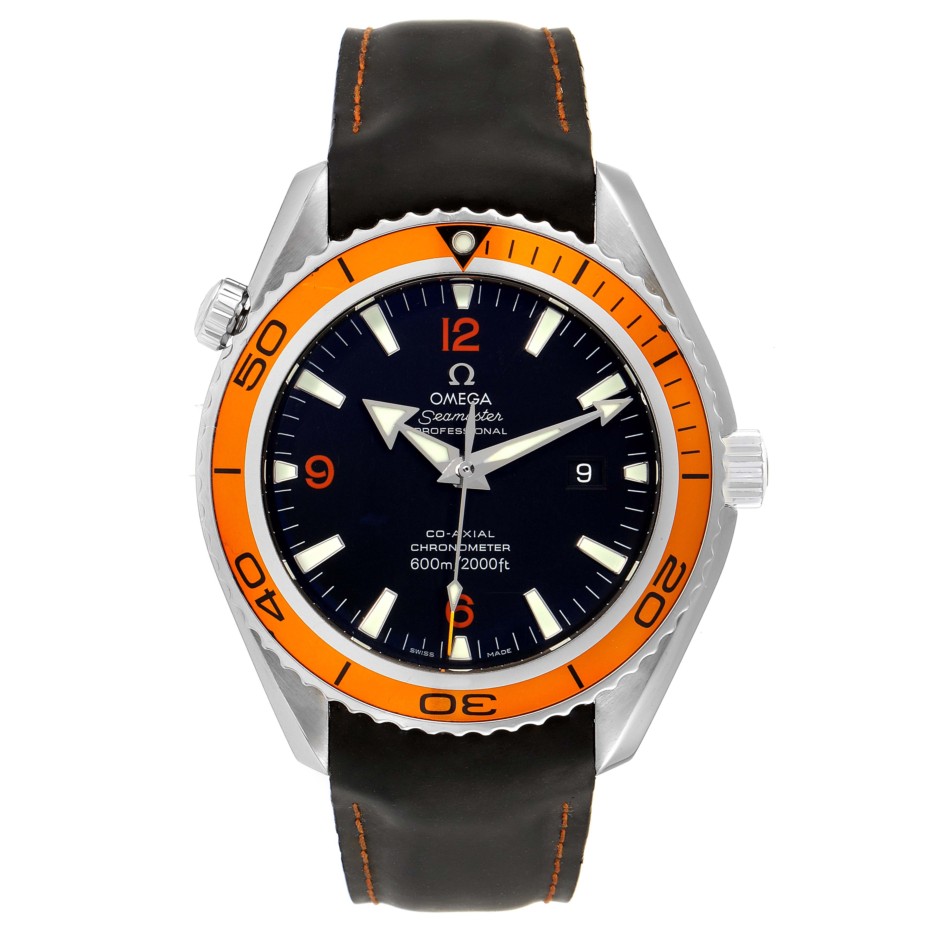 This image shows a front view of the Omega Planet Ocean 232.32.46.21.01.001 Men's Stainless Steel Black Dial 232.32.46.21.01.001 Men's Stainless Steel Black Dial watch, highlighting its orange bezel, black dial, and leather strap.