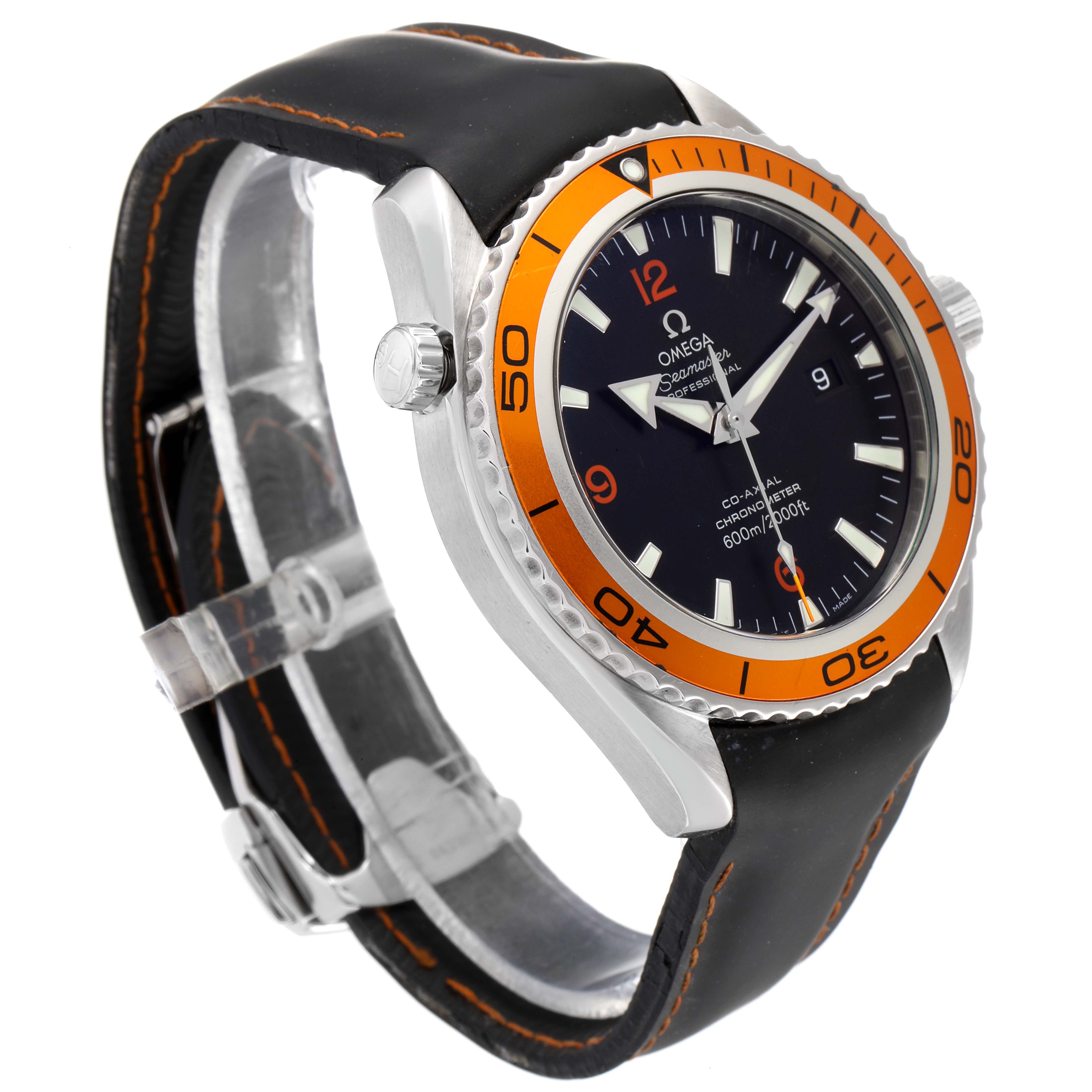 The image shows an Omega Planet Ocean 232.32.46.21.01.001 Men's Stainless Steel Black Dial 232.32.46.21.01.001 Men's Stainless Steel Black Dial watch at a diagonal angle, highlighting the face, bezel, crown, and part of the strap.