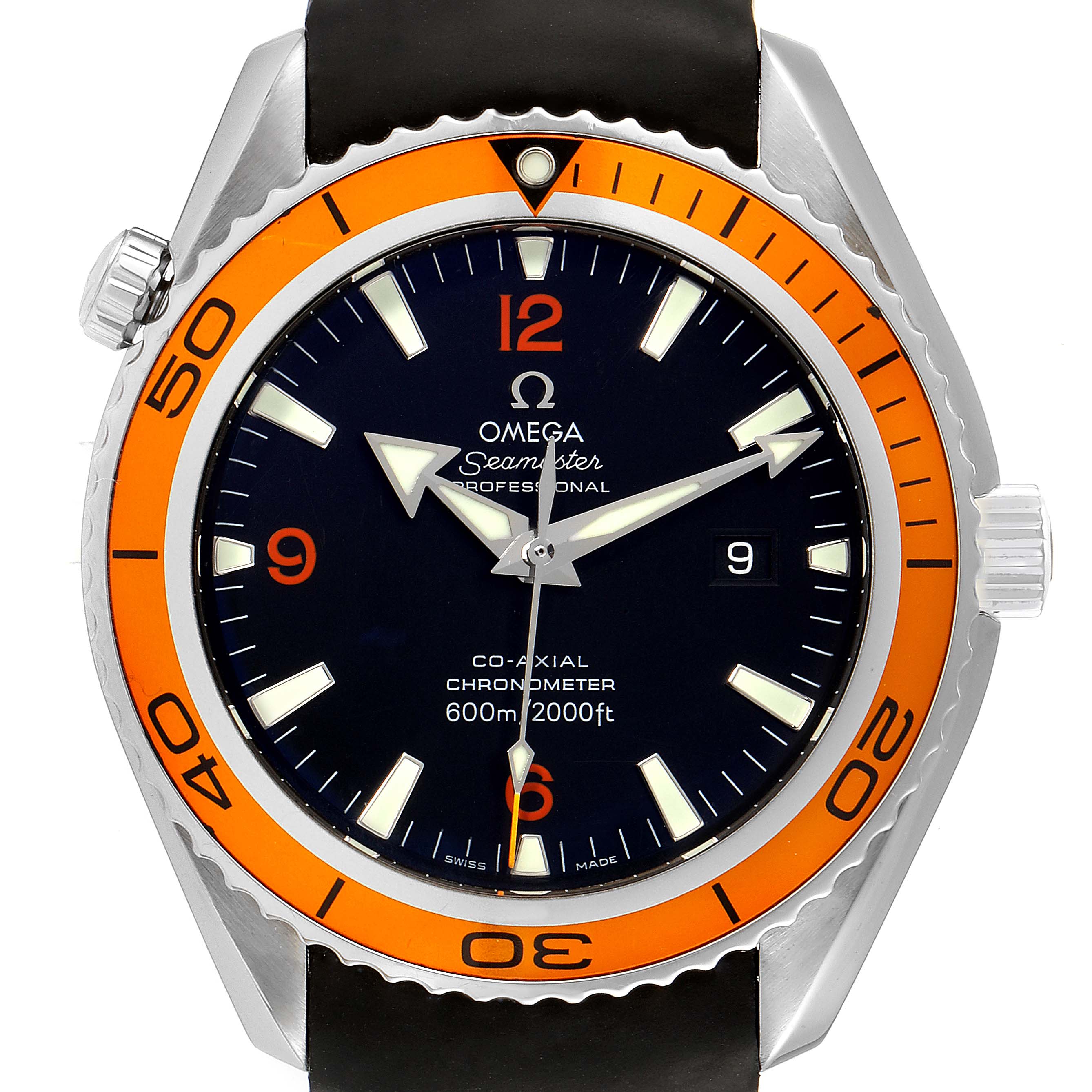 The image shows a front view of the Omega Planet Ocean 232.32.46.21.01.001 Men's Stainless Steel Black Dial 232.32.46.21.01.001 Men's Stainless Steel Black Dial model, highlighting the face, bezel, crown, and strap.