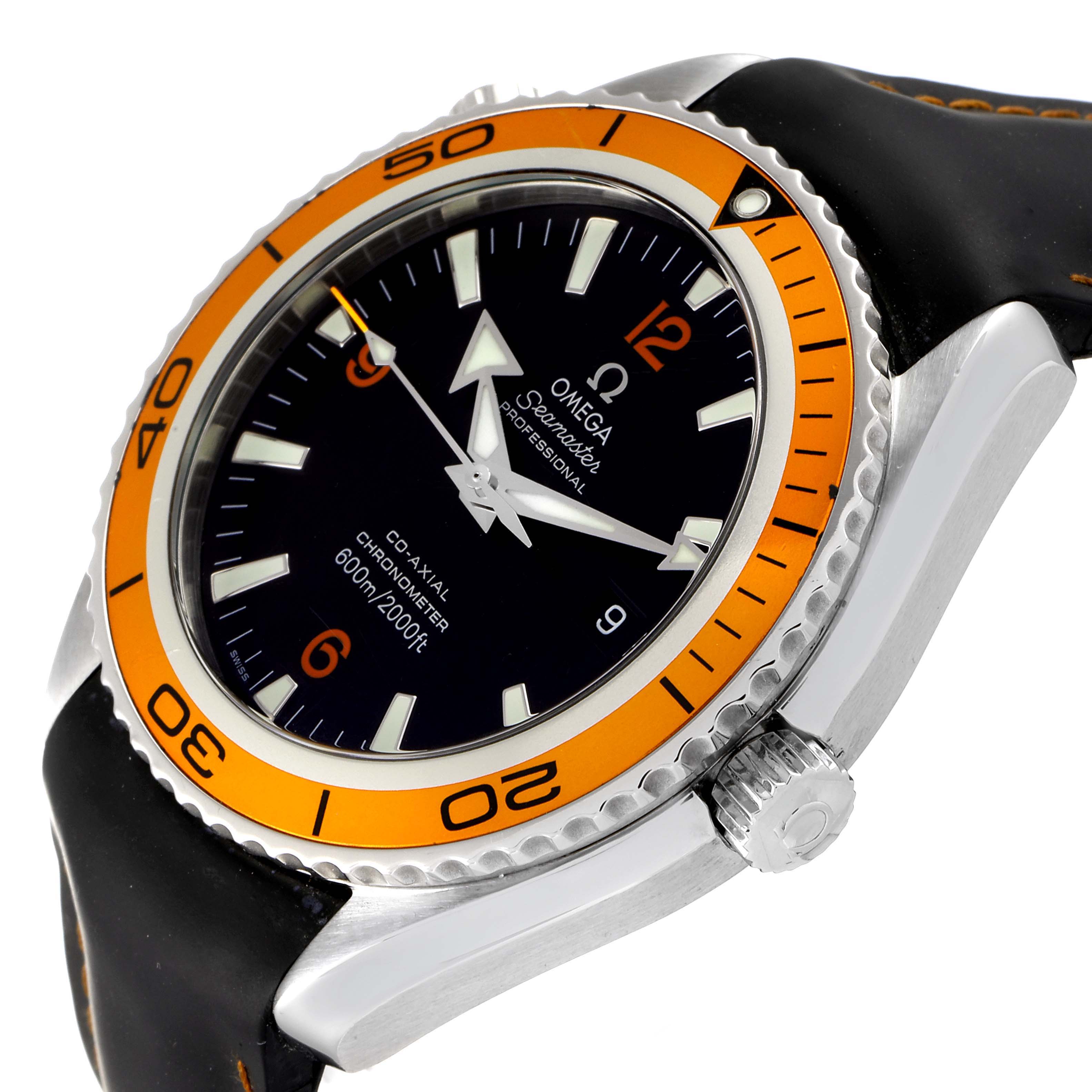 The image shows a close-up view of the Omega Planet Ocean 232.32.46.21.01.001 Men's Stainless Steel Black Dial 232.32.46.21.01.001 Men's Stainless Steel Black Dial watch, highlighting the orange bezel, crown, and black dial.