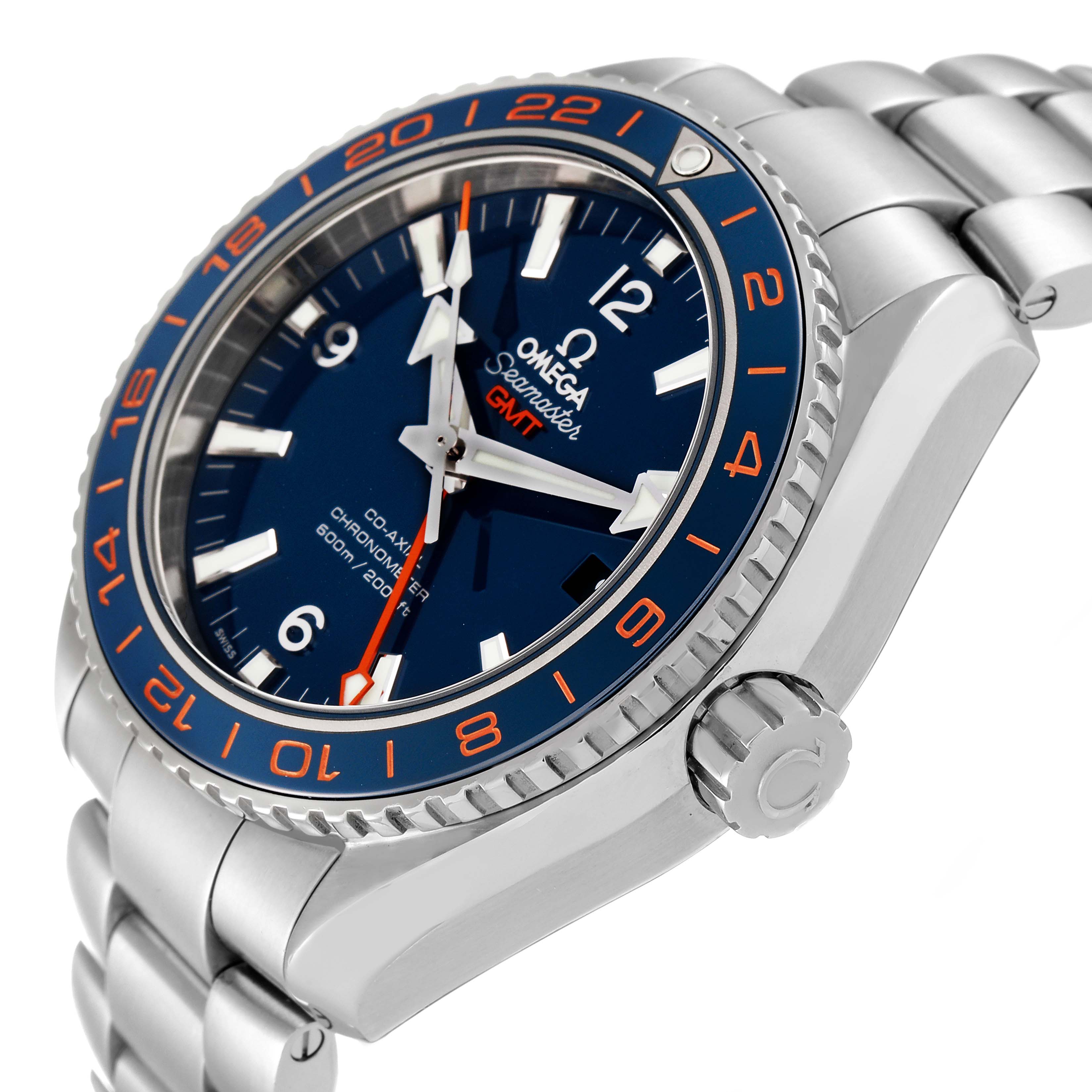 This image shows a side angle view of the Omega Seamaster Planet Ocean GMT, highlighting the watch face, bezel, crown, and bracelet.
