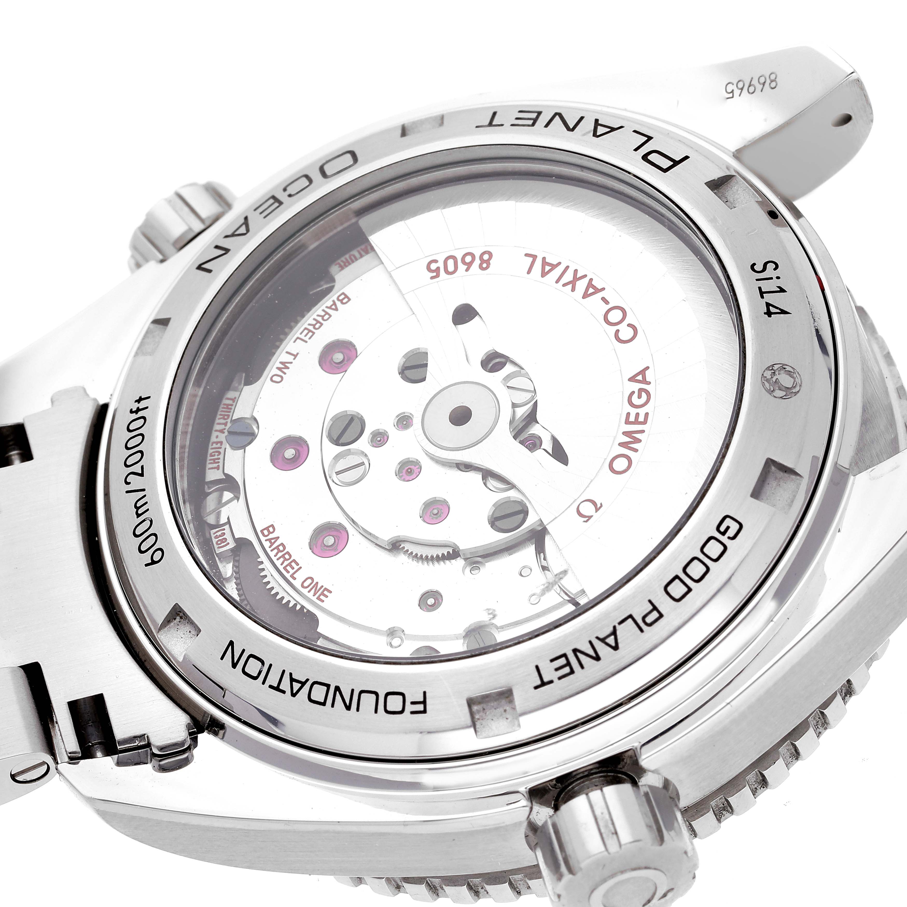 This image shows the back view of the Omega Planet Ocean 232.30.44.22.03.001 Men
s Stainless Steel Blue Dial 232.30.44.22.03.001 Men
s Stainless Steel Blue Dial watch, highlighting the transparent case back and internal movement.